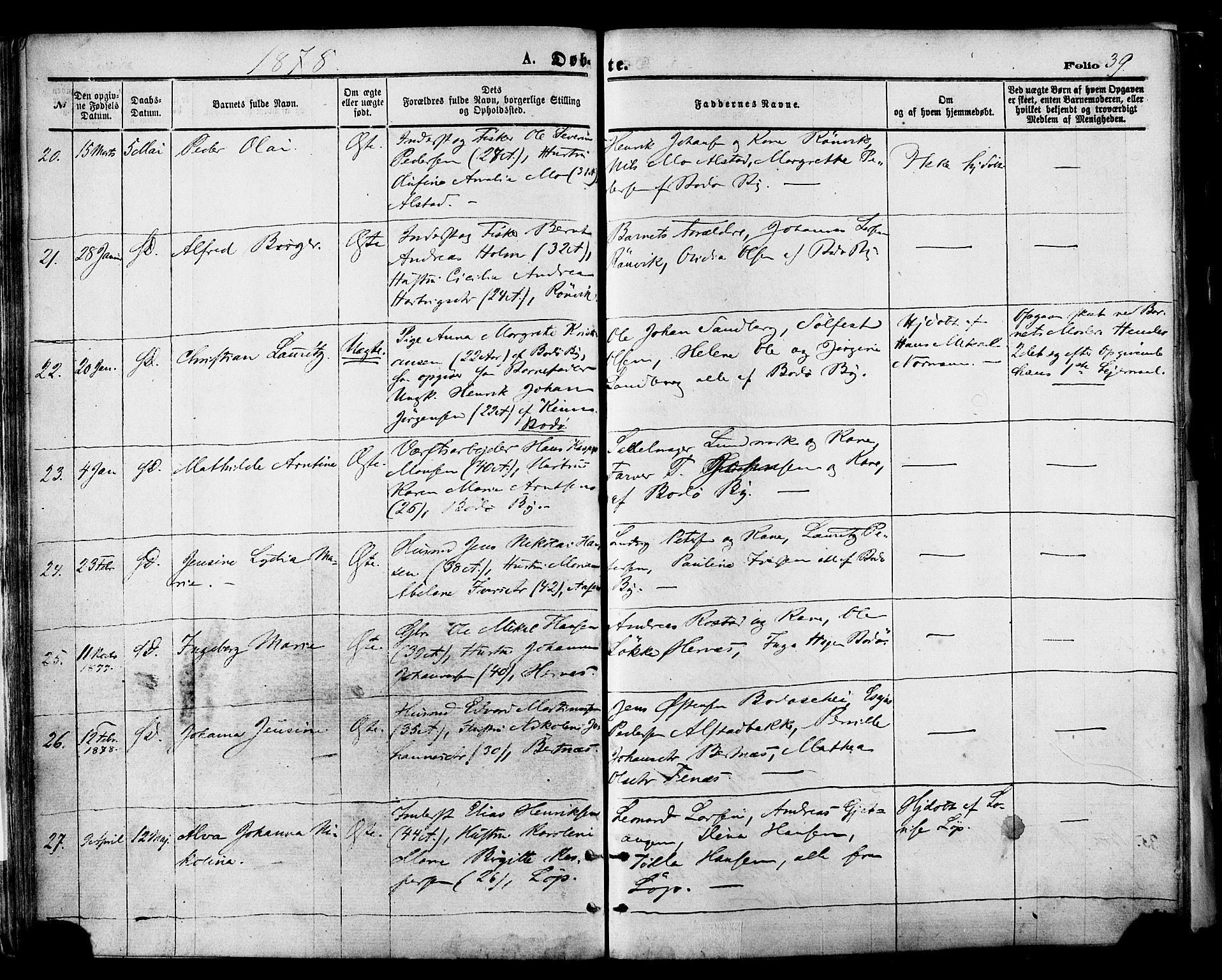 Ministerialprotokoller, klokkerbøker og fødselsregistre - Nordland, AV/SAT-A-1459/801/L0009: Parish register (official) no. 801A09, 1876-1883, p. 39