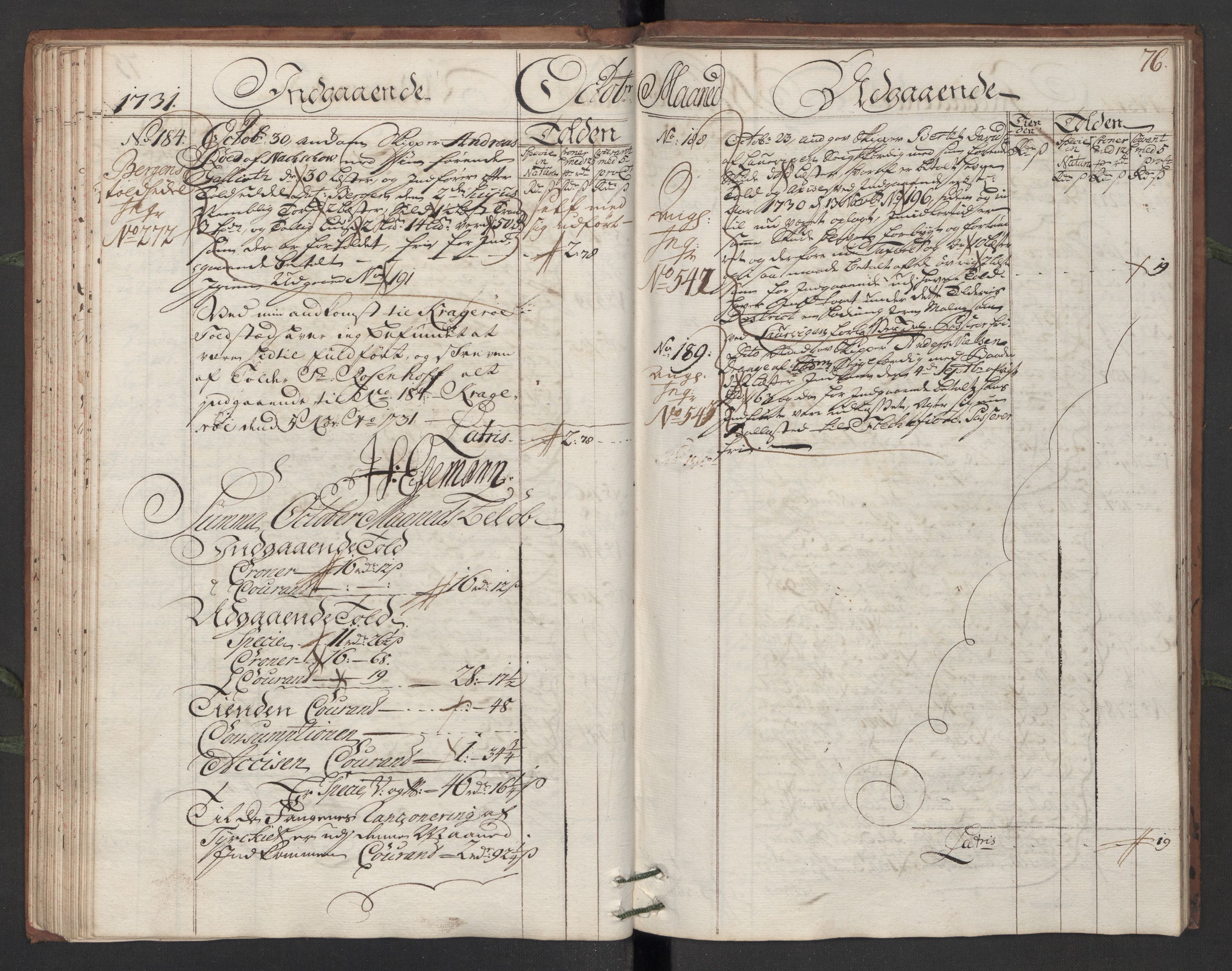 Generaltollkammeret, tollregnskaper, RA/EA-5490/R13/L0006/0001: Tollregnskaper Kragerø / Hovedtollbok, 1731, p. 75b-76a