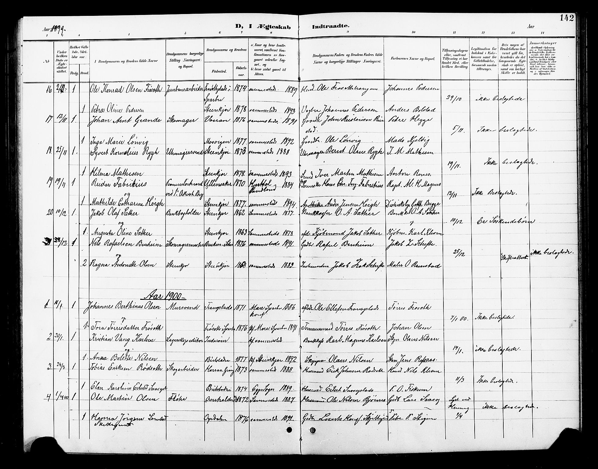 Ministerialprotokoller, klokkerbøker og fødselsregistre - Nord-Trøndelag, SAT/A-1458/739/L0375: Parish register (copy) no. 739C03, 1898-1908, p. 142