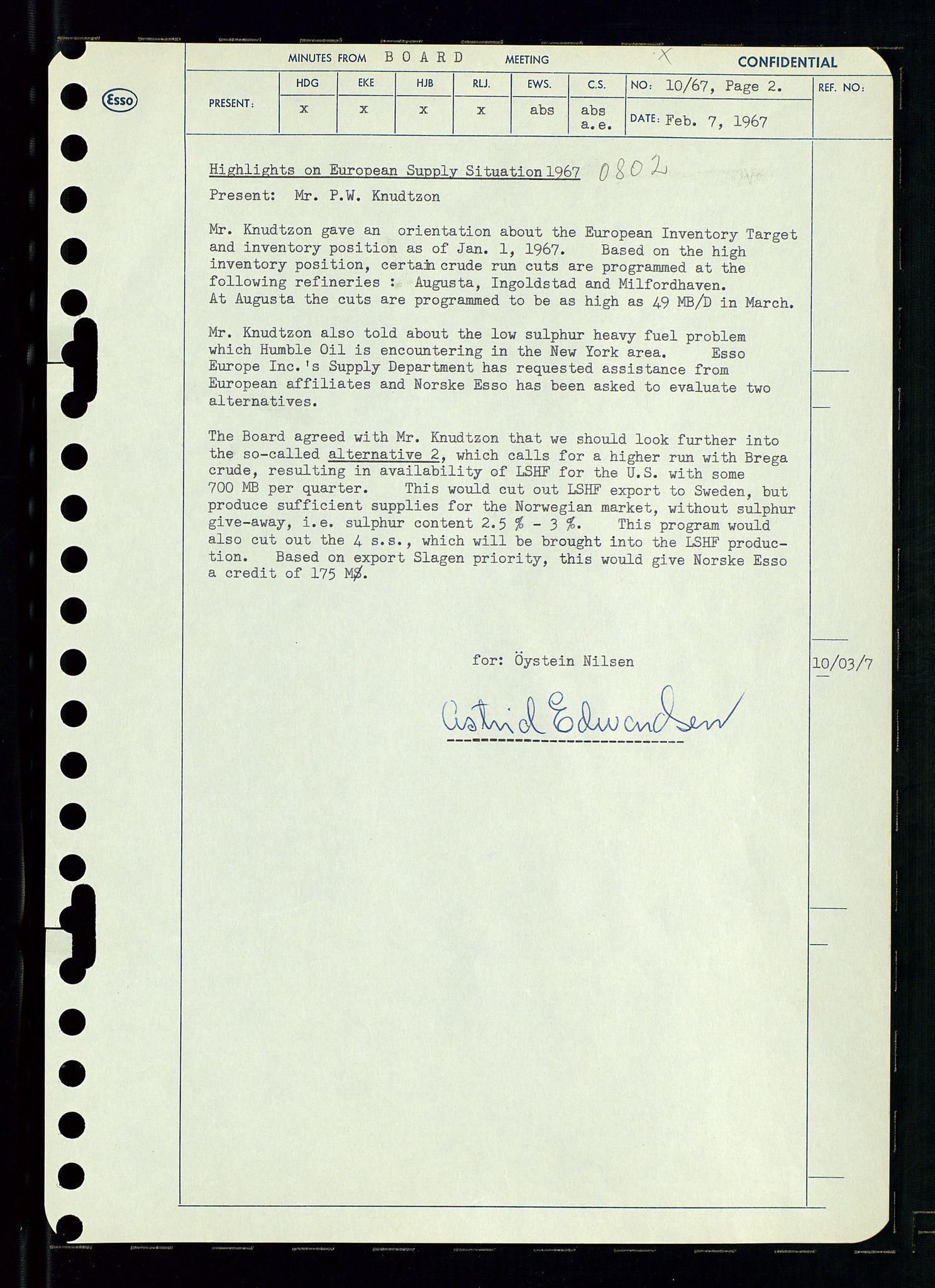 Pa 0982 - Esso Norge A/S, AV/SAST-A-100448/A/Aa/L0002/0003: Den administrerende direksjon Board minutes (styrereferater) / Den administrerende direksjon Board minutes (styrereferater), 1967, p. 22