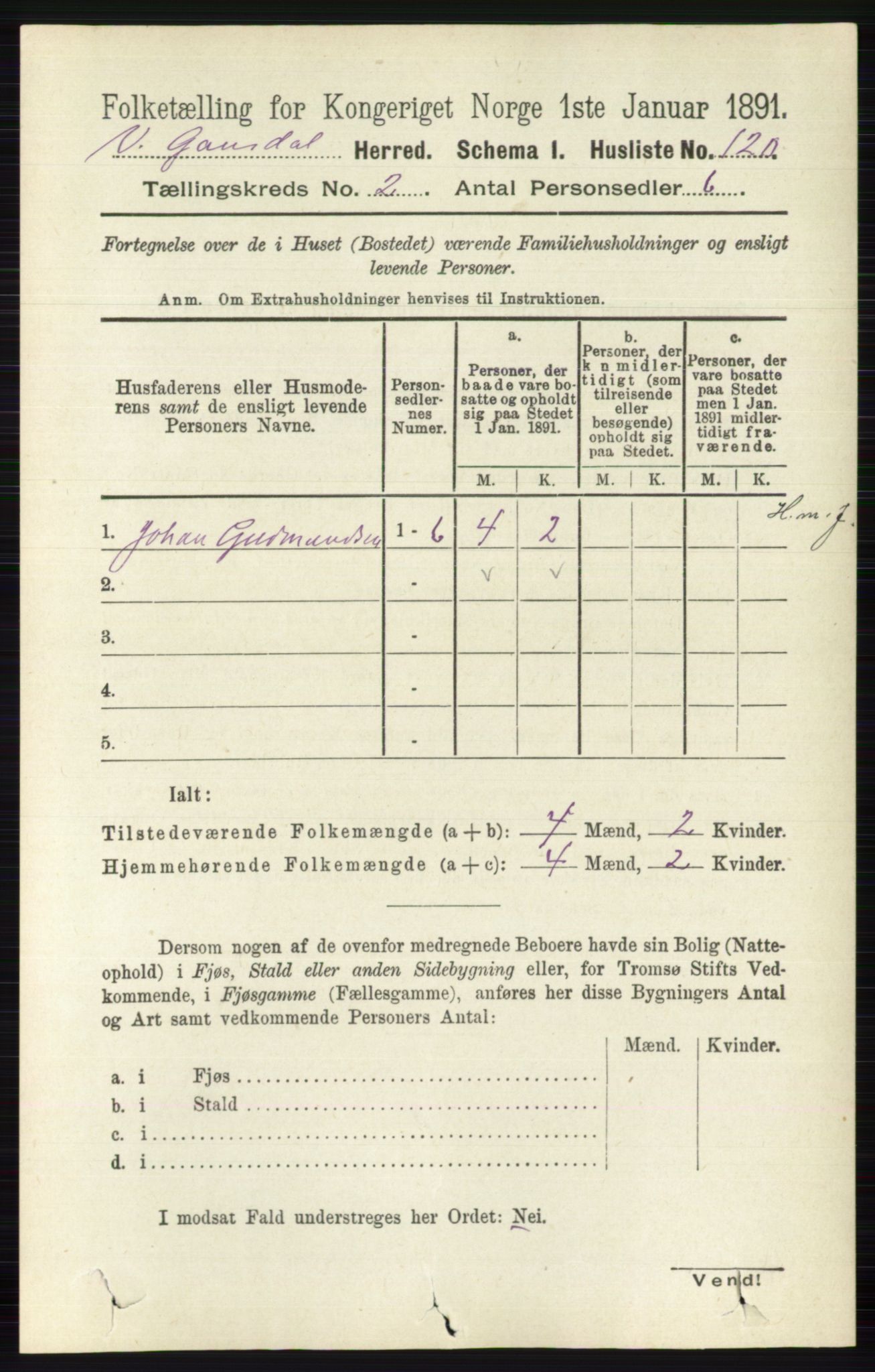 RA, 1891 census for 0523 Vestre Gausdal, 1891, p. 504