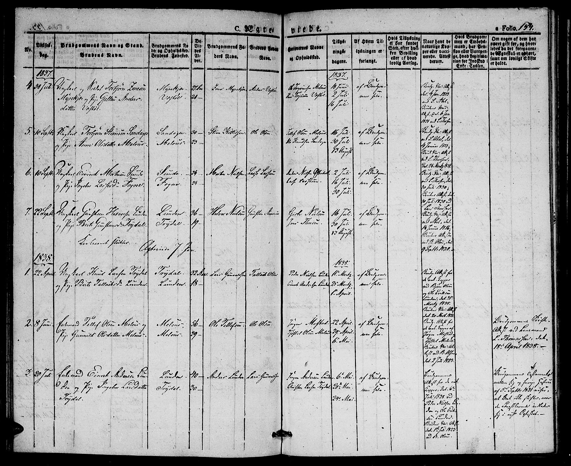 Gjerstad sokneprestkontor, SAK/1111-0014/F/Fa/Faa/L0005: Parish register (official) no. A 5, 1829-1841, p. 154