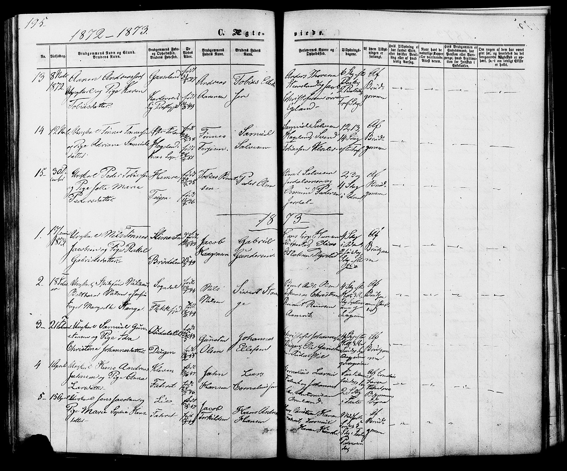 Kvinesdal sokneprestkontor, AV/SAK-1111-0026/F/Fa/Fab/L0007: Parish register (official) no. A 7, 1870-1885, p. 195