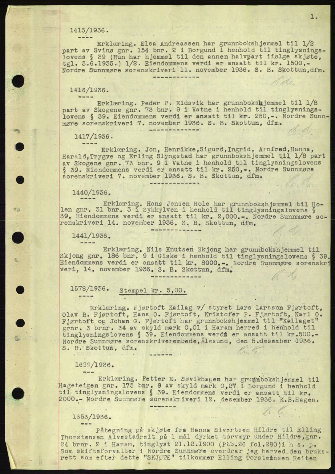 Nordre Sunnmøre sorenskriveri, AV/SAT-A-0006/1/2/2C/2Ca: Mortgage book no. A2, 1936-1937, Diary no: : 1415/1936