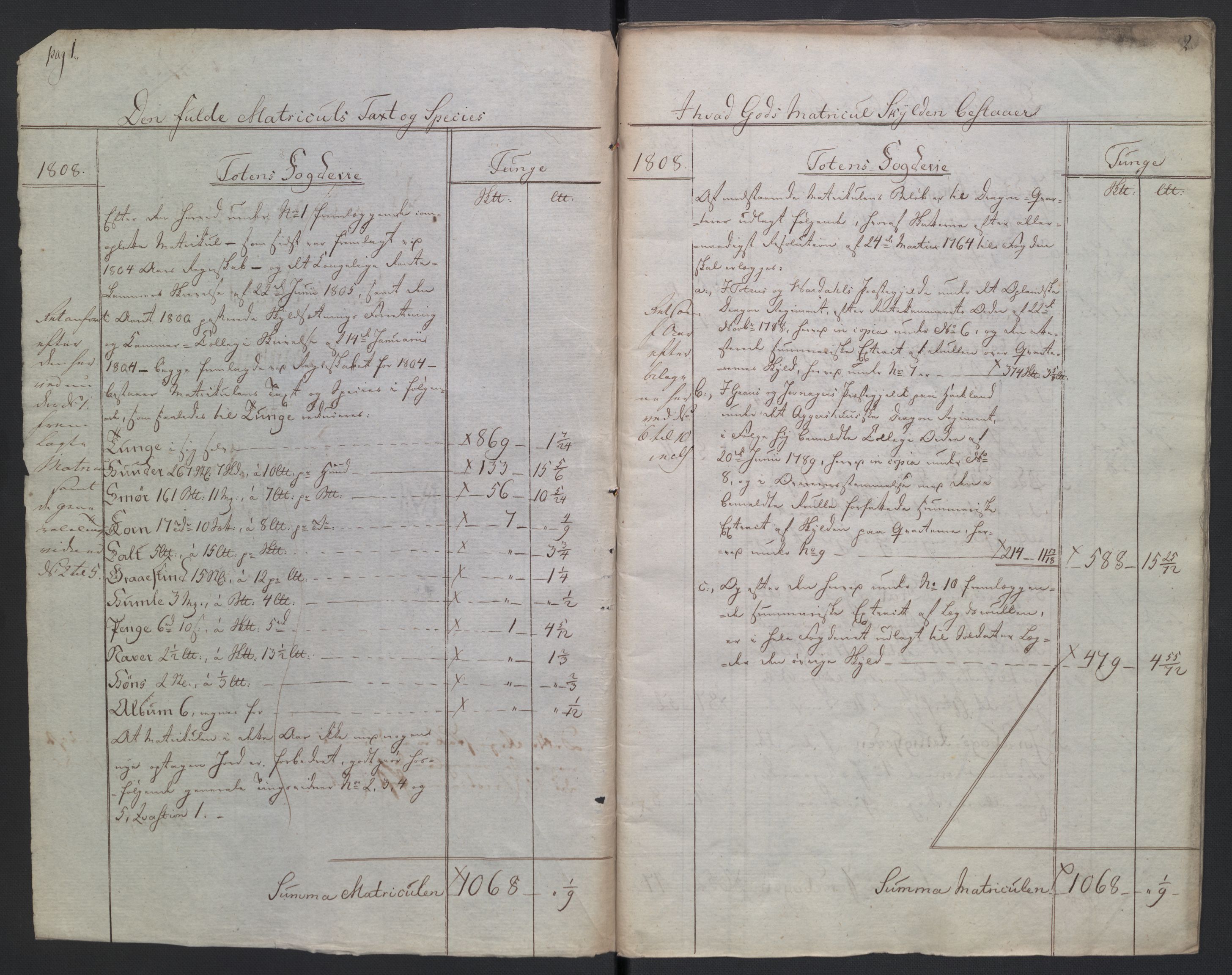 Rentekammeret inntil 1814, Reviderte regnskaper, Fogderegnskap, AV/RA-EA-4092/R19/L1396: Fogderegnskap Toten, Hadeland og Vardal, 1808, p. 3