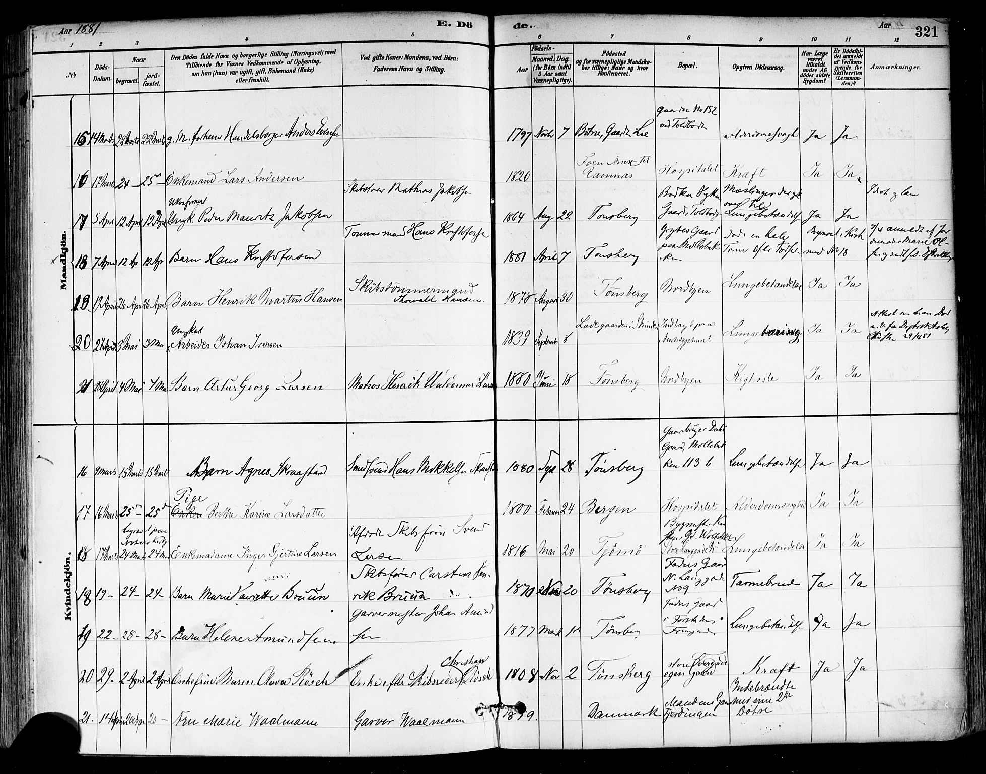 Tønsberg kirkebøker, AV/SAKO-A-330/F/Fa/L0011: Parish register (official) no. I 11, 1881-1890, p. 321