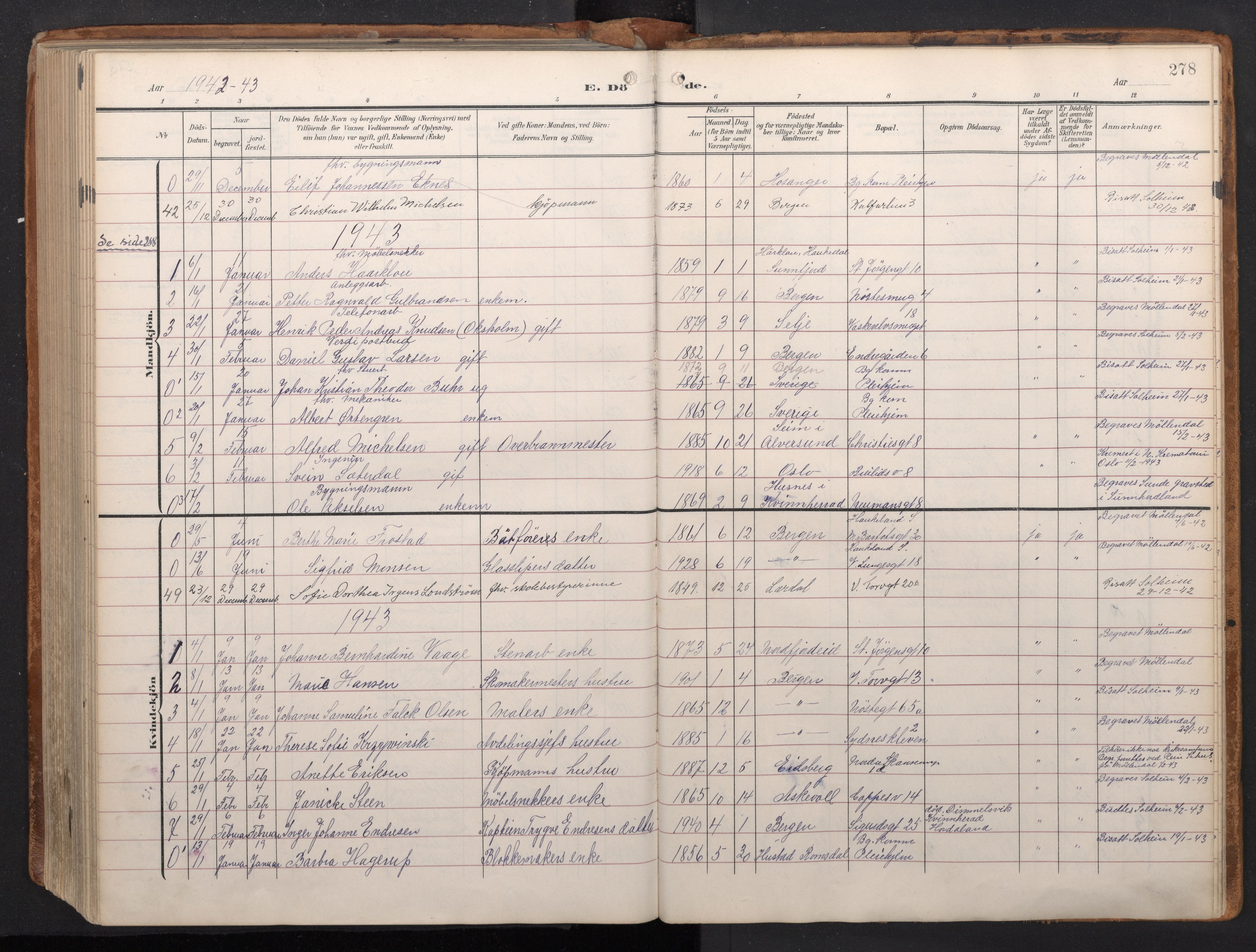 Domkirken sokneprestembete, SAB/A-74801/H/Haa/L0044: Parish register (official) no. E 6, 1904-1946, p. 277b-278a