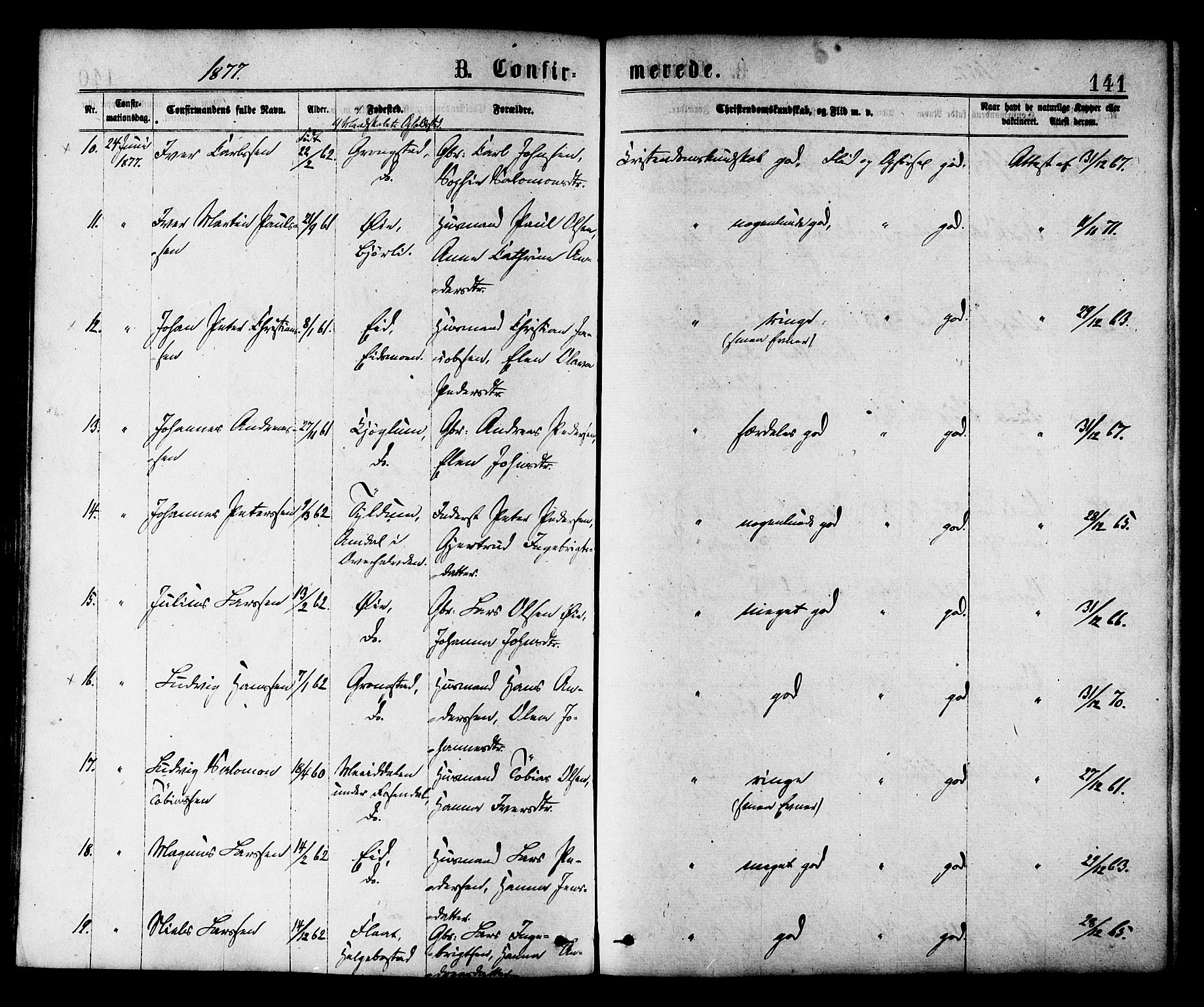 Ministerialprotokoller, klokkerbøker og fødselsregistre - Nord-Trøndelag, AV/SAT-A-1458/758/L0516: Parish register (official) no. 758A03 /1, 1869-1879, p. 141