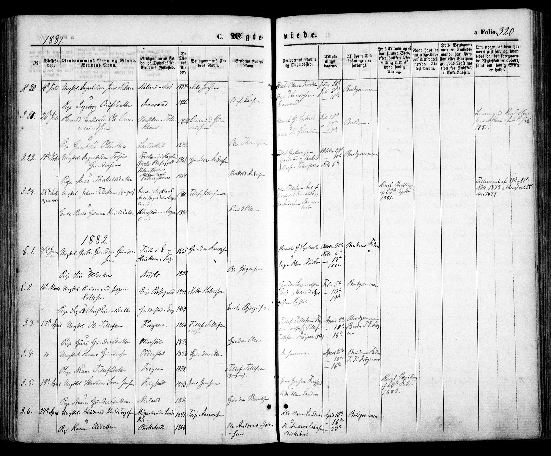 Evje sokneprestkontor, SAK/1111-0008/F/Fa/Faa/L0006: Parish register (official) no. A 6, 1866-1884, p. 320