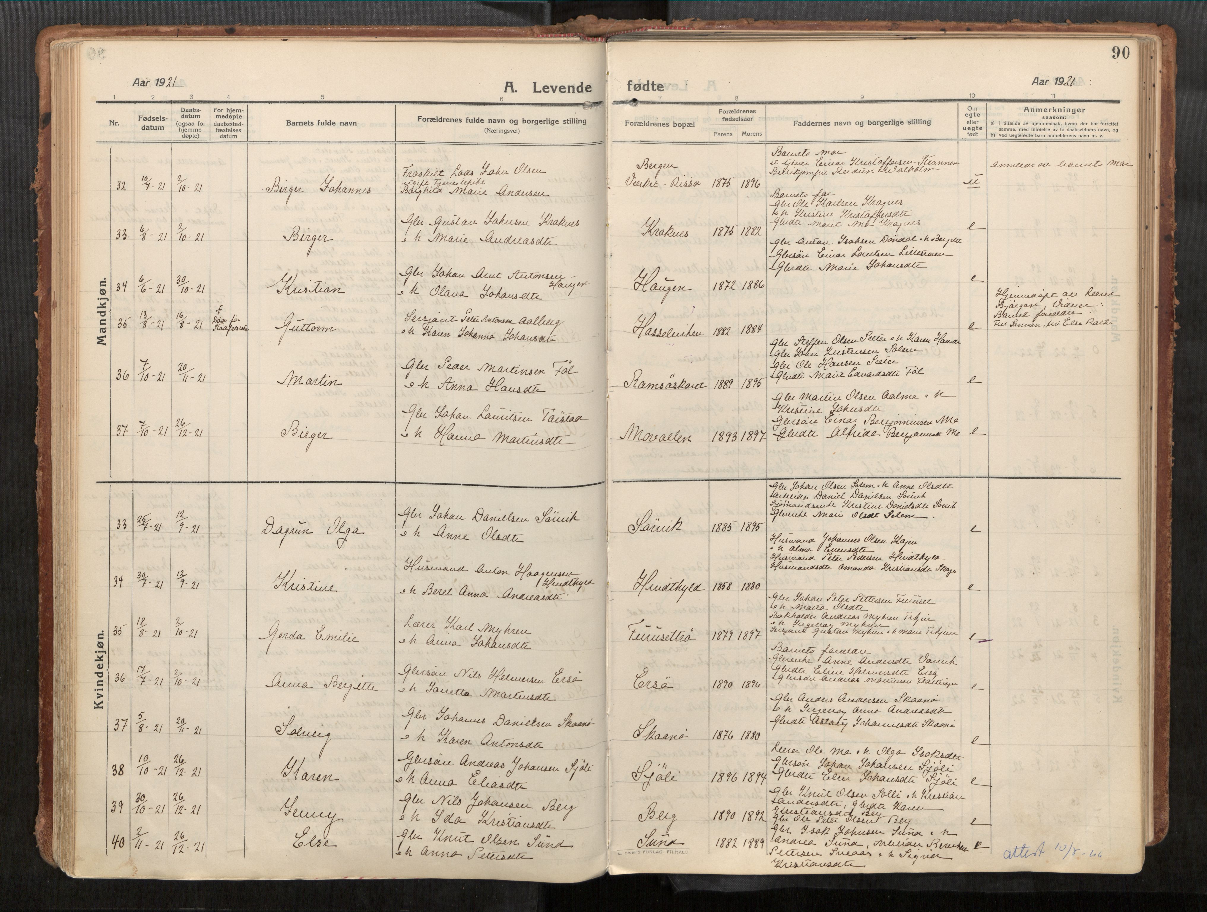 Stadsbygd sokneprestkontor, AV/SAT-A-1117/1/I/I1/I1a/L0001: Parish register (official) no. 1, 1911-1929, p. 90