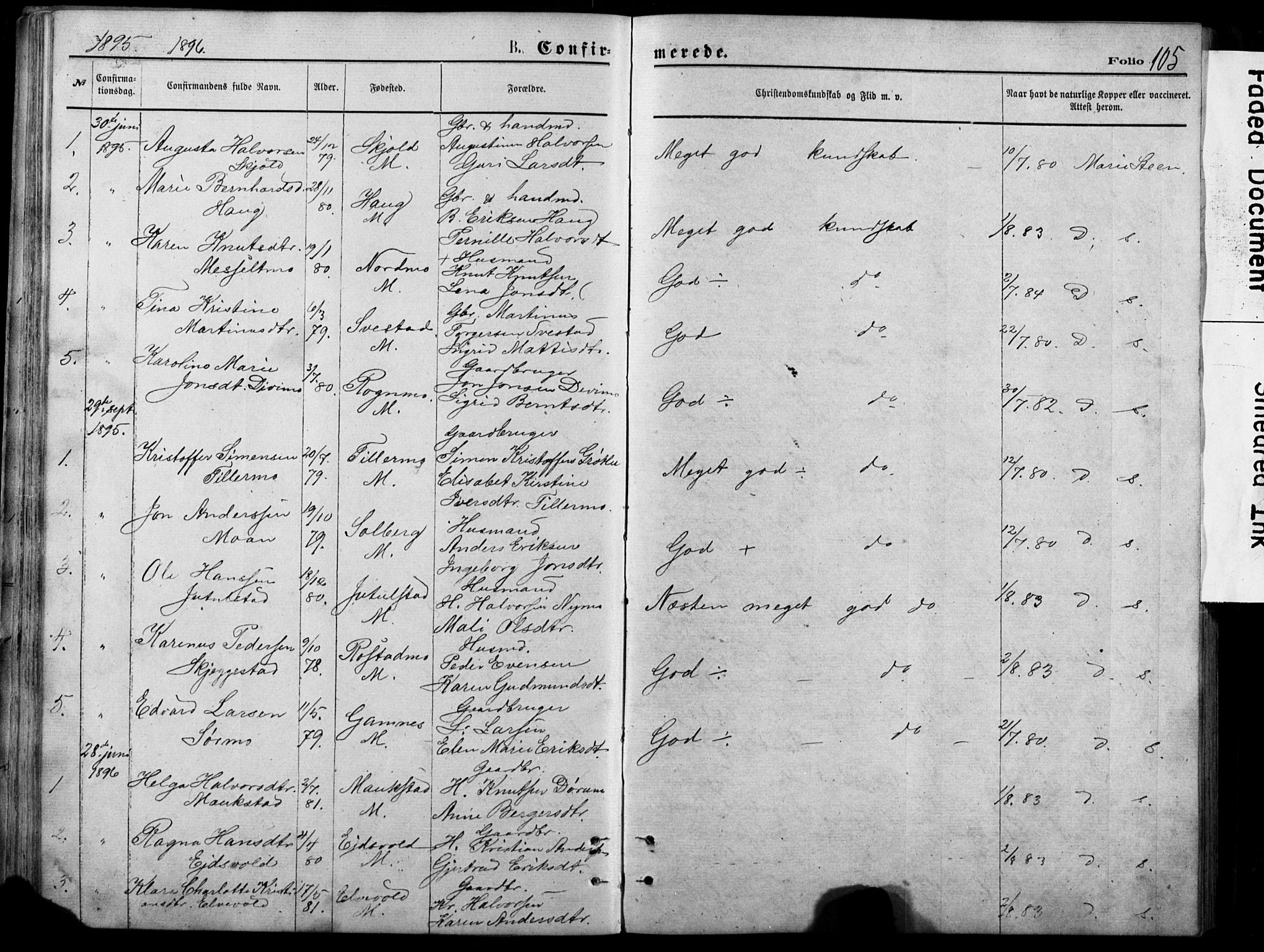 Målselv sokneprestembete, AV/SATØ-S-1311/G/Ga/Gab/L0011klokker: Parish register (copy) no. 11, 1871-1900, p. 105