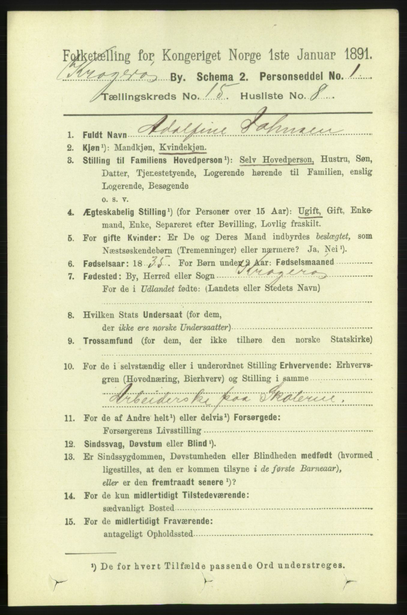 RA, 1891 census for 0801 Kragerø, 1891, p. 4272