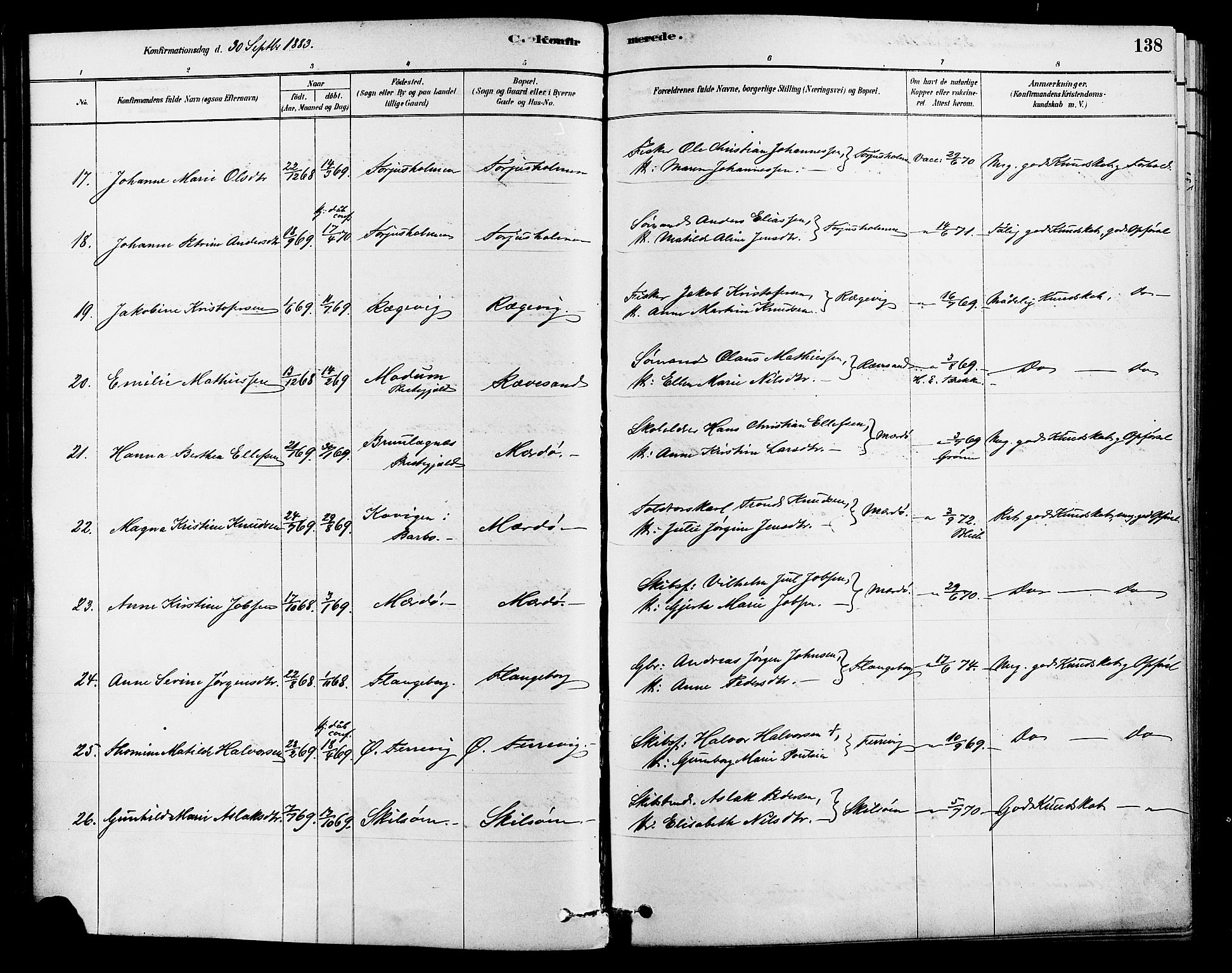 Tromøy sokneprestkontor, AV/SAK-1111-0041/F/Fa/L0009: Parish register (official) no. A 9, 1878-1896, p. 138