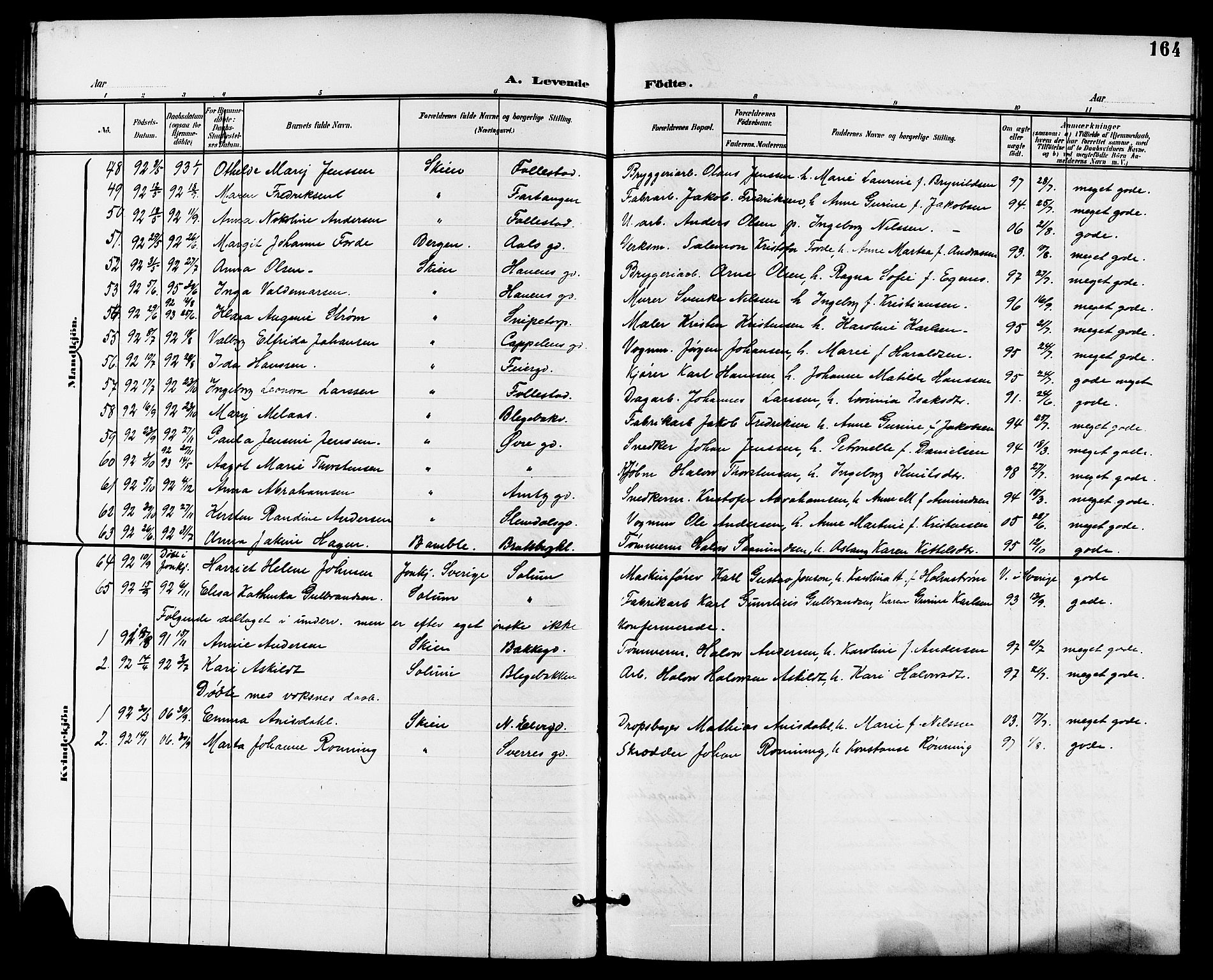 Skien kirkebøker, AV/SAKO-A-302/G/Ga/L0008: Parish register (copy) no. 8, 1900-1910, p. 164
