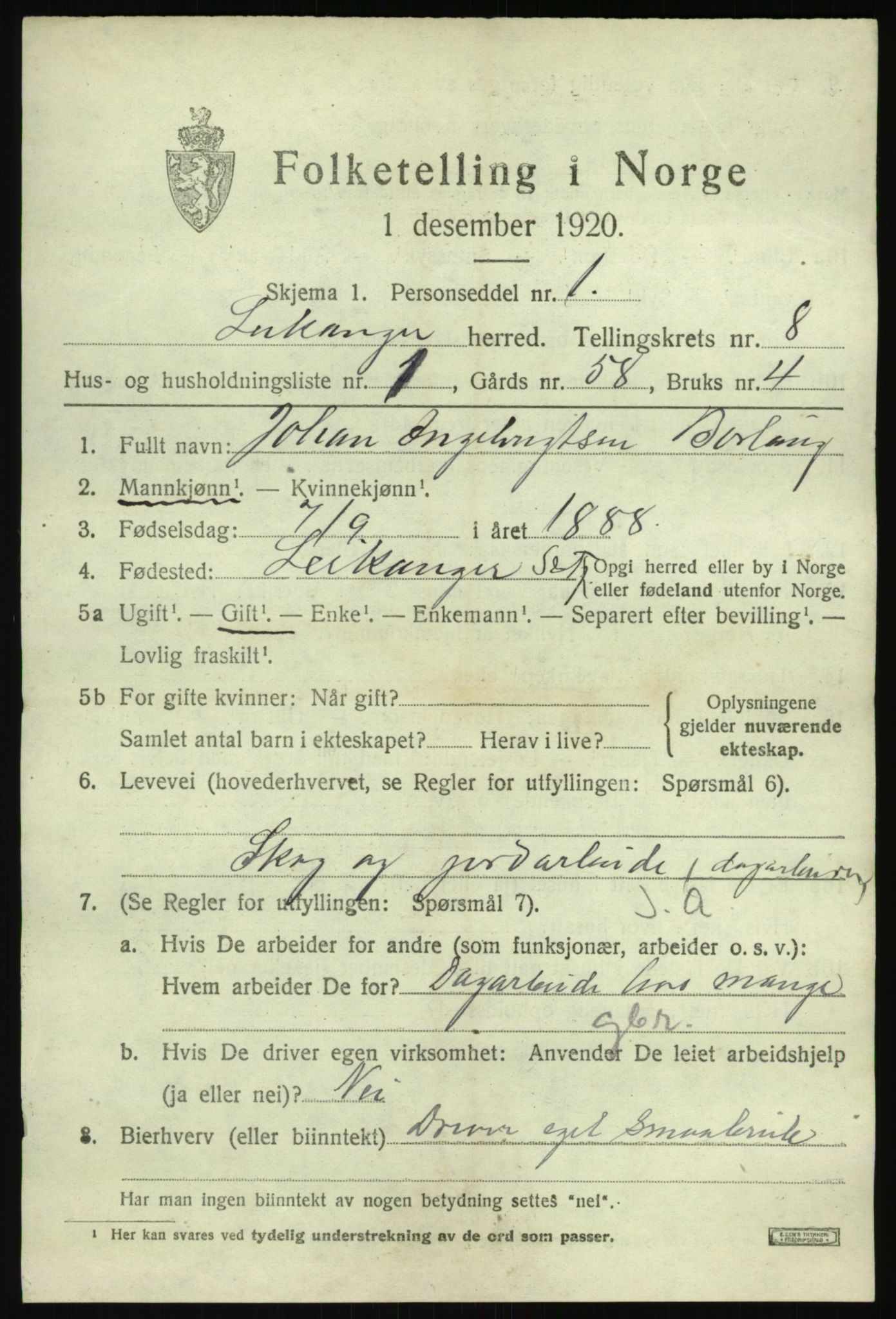 SAB, 1920 census for Leikanger, 1920, p. 4888