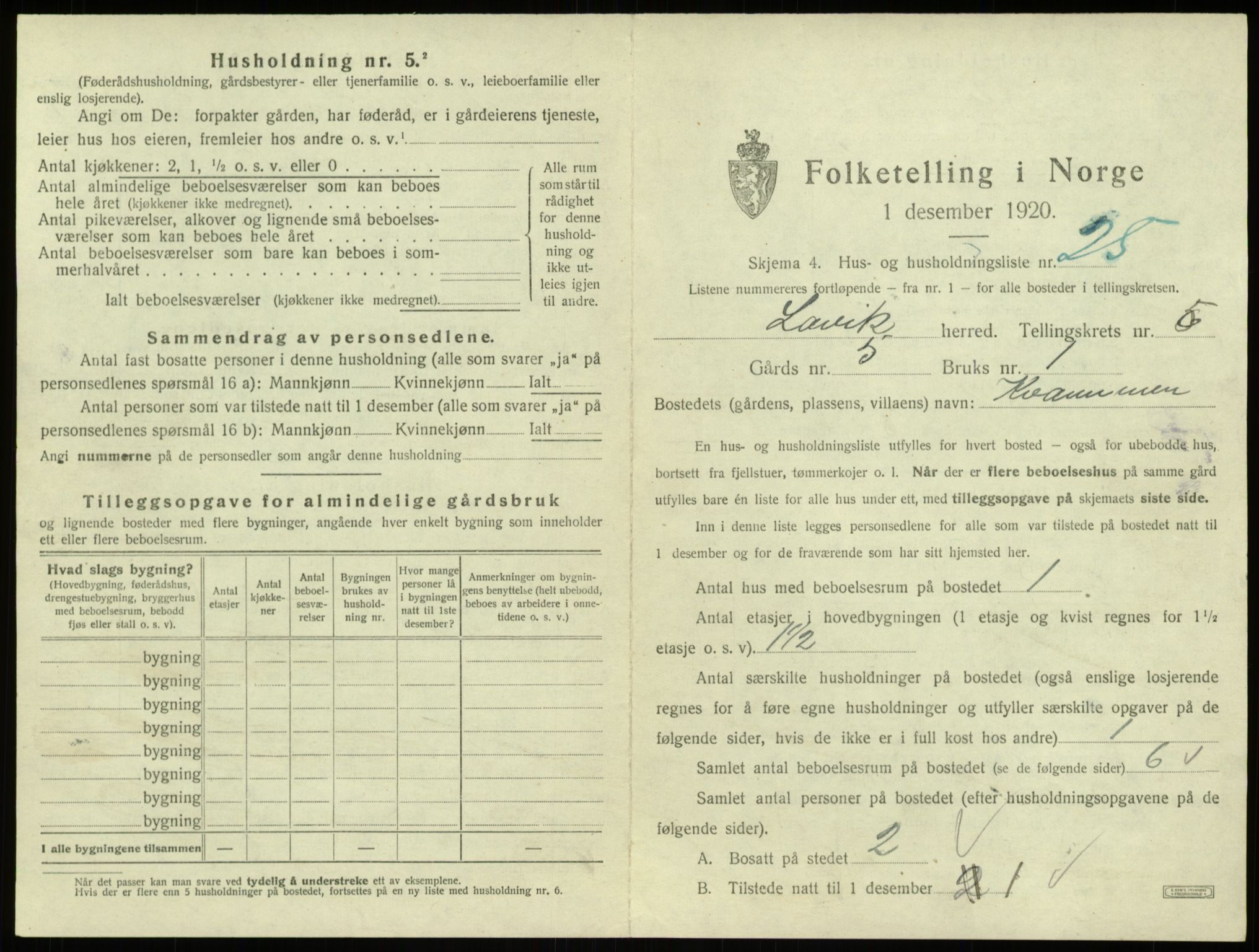 SAB, 1920 census for Lavik, 1920, p. 185