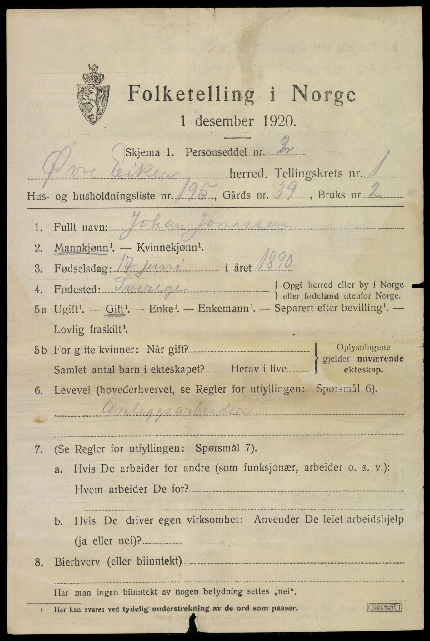 SAKO, 1920 census for Øvre Eiker, 1920, p. 6548