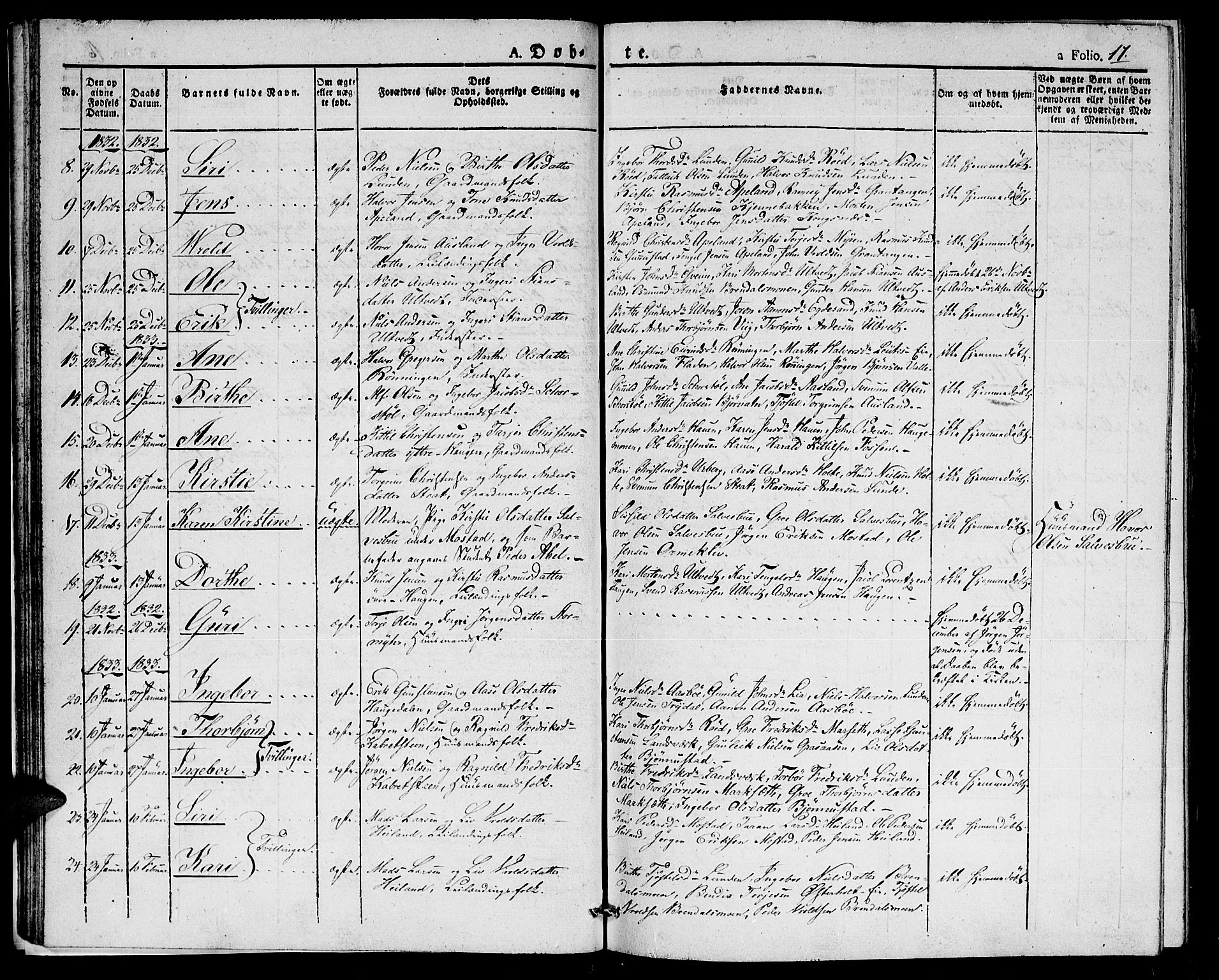 Gjerstad sokneprestkontor, SAK/1111-0014/F/Fa/Faa/L0005: Parish register (official) no. A 5, 1829-1841, p. 17