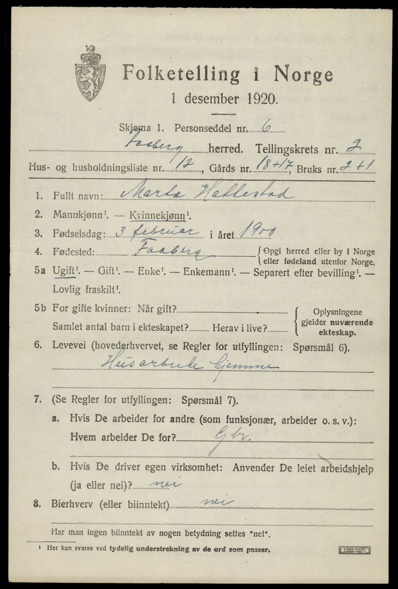 SAH, 1920 census for Fåberg, 1920, p. 3384