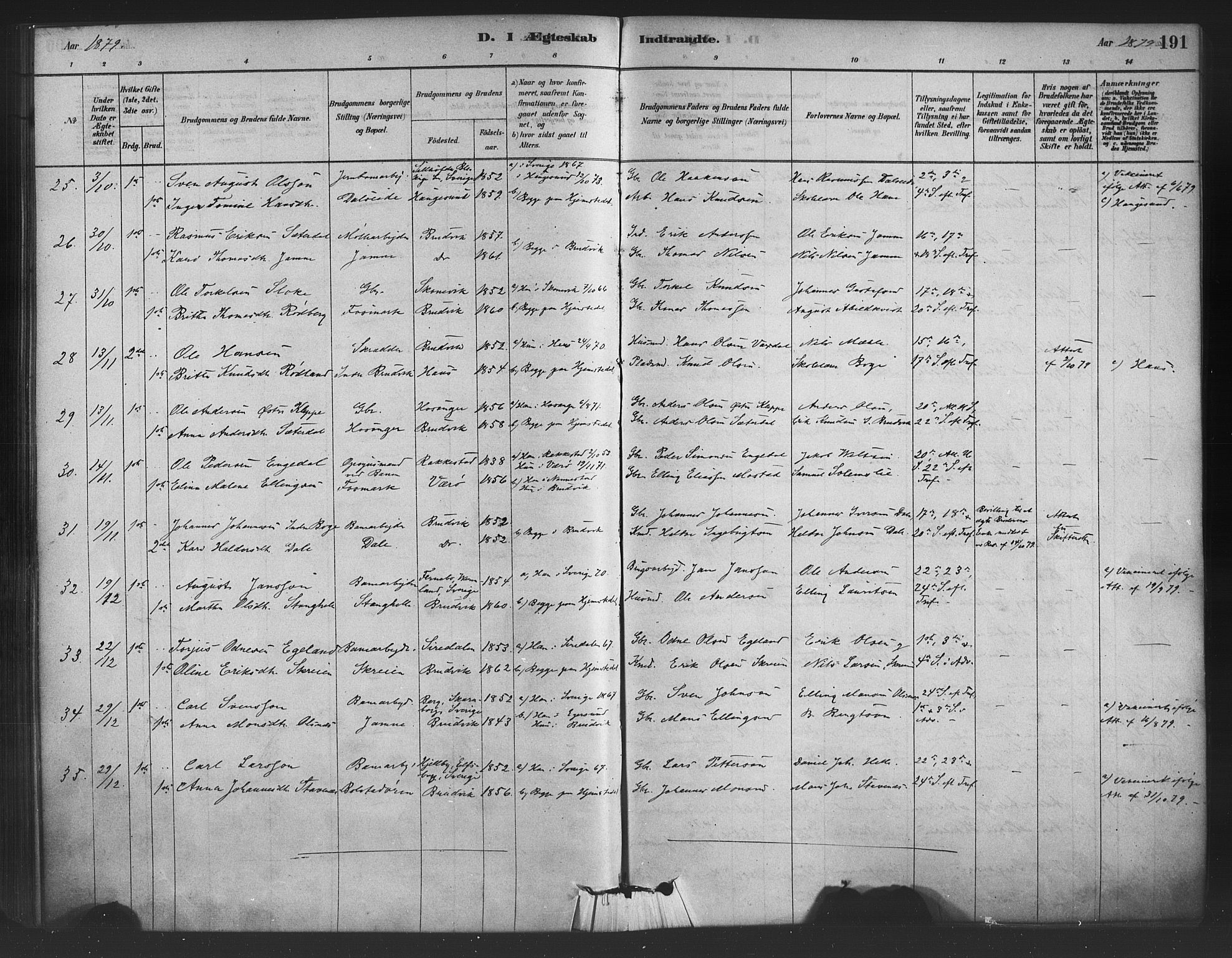 Bruvik Sokneprestembete, AV/SAB-A-74701/H/Haa: Parish register (official) no. B 1, 1878-1904, p. 191