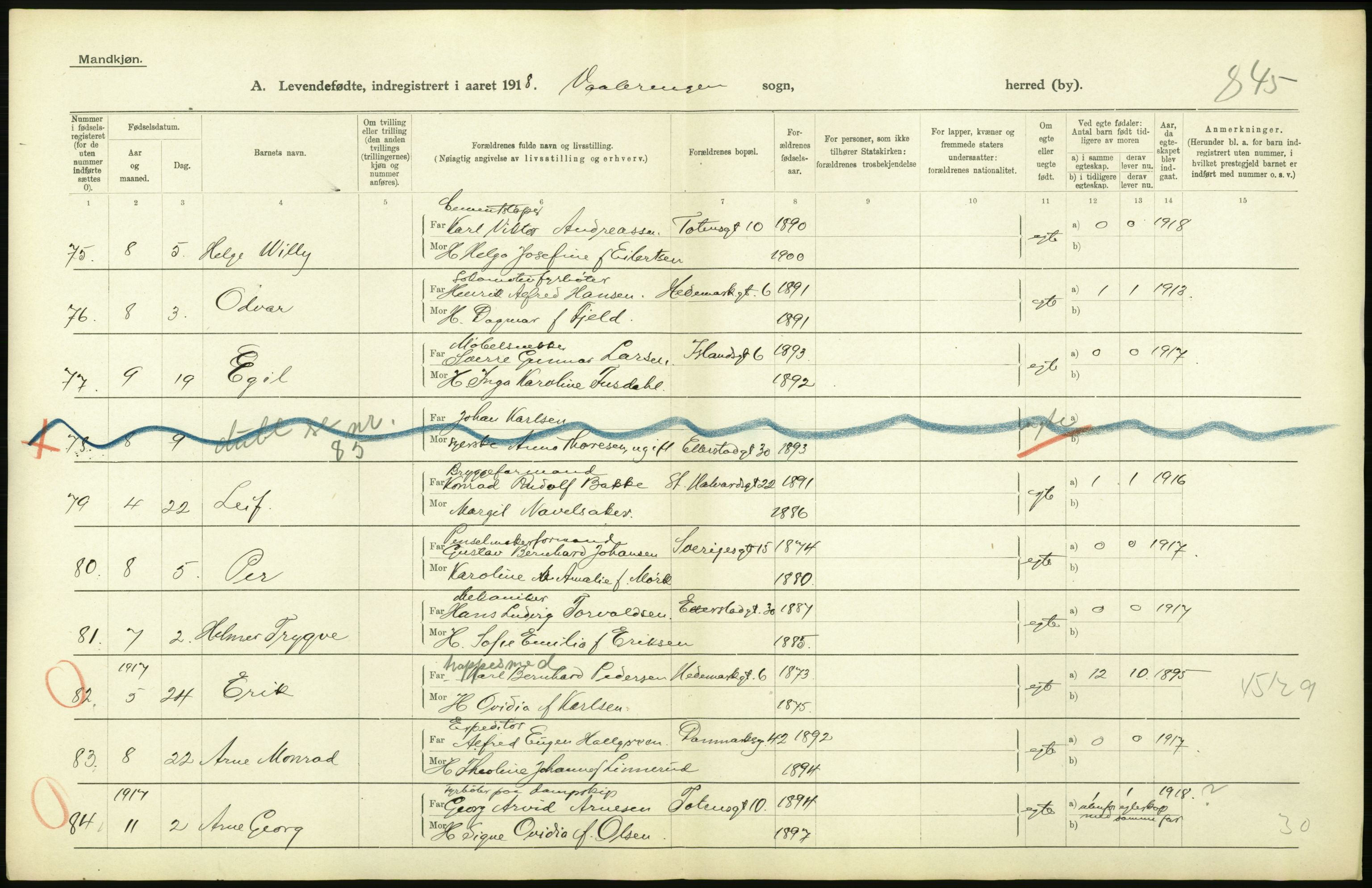 Statistisk sentralbyrå, Sosiodemografiske emner, Befolkning, AV/RA-S-2228/D/Df/Dfb/Dfbh/L0008: Kristiania: Levendefødte menn og kvinner., 1918, p. 380