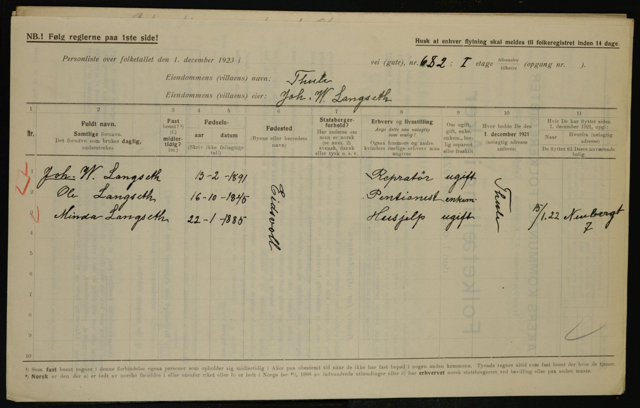 , Municipal Census 1923 for Aker, 1923, p. 43196