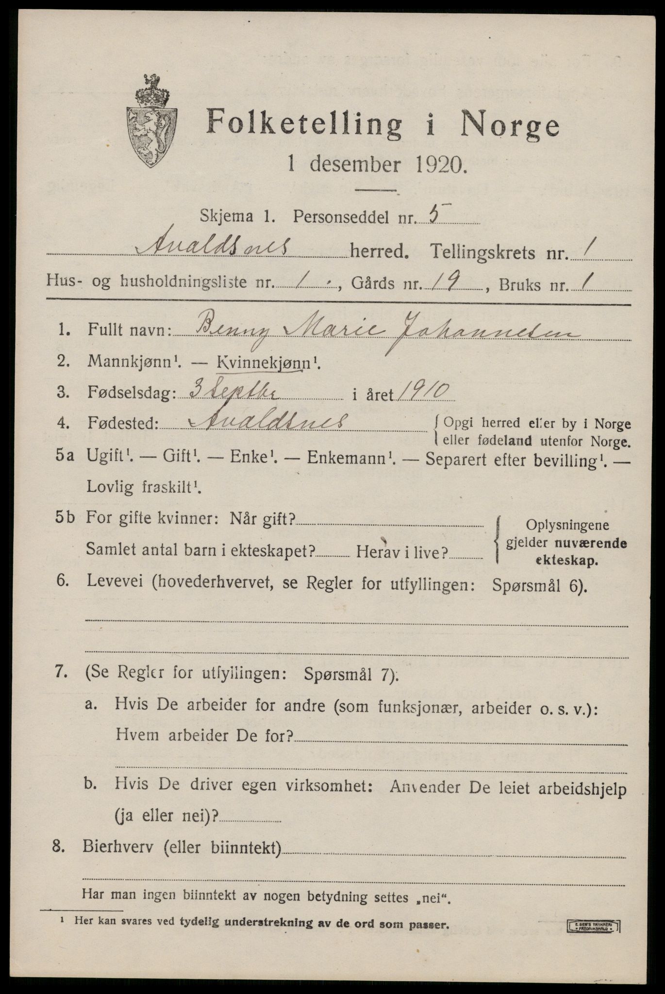 SAST, 1920 census for Avaldsnes, 1920, p. 1457