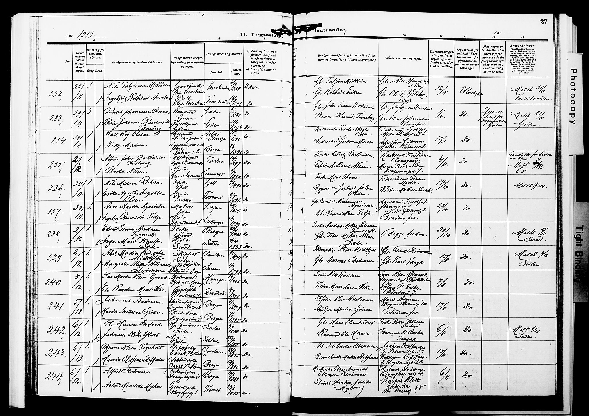 Nykirken Sokneprestembete, AV/SAB-A-77101/H/Hab: Parish register (copy) no. D 5, 1918-1926, p. 27