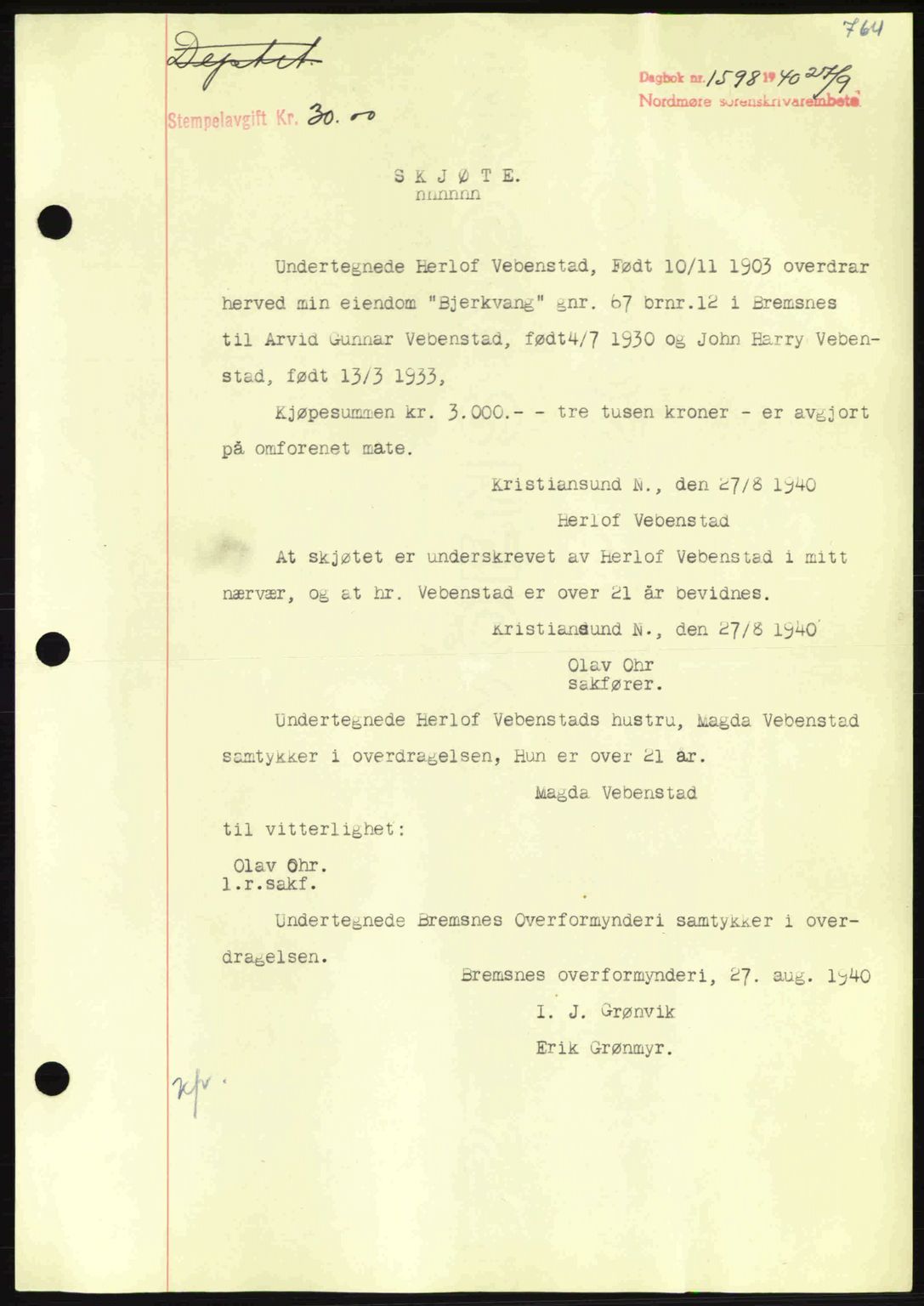 Nordmøre sorenskriveri, AV/SAT-A-4132/1/2/2Ca: Mortgage book no. A88, 1940-1940, Diary no: : 1598/1940