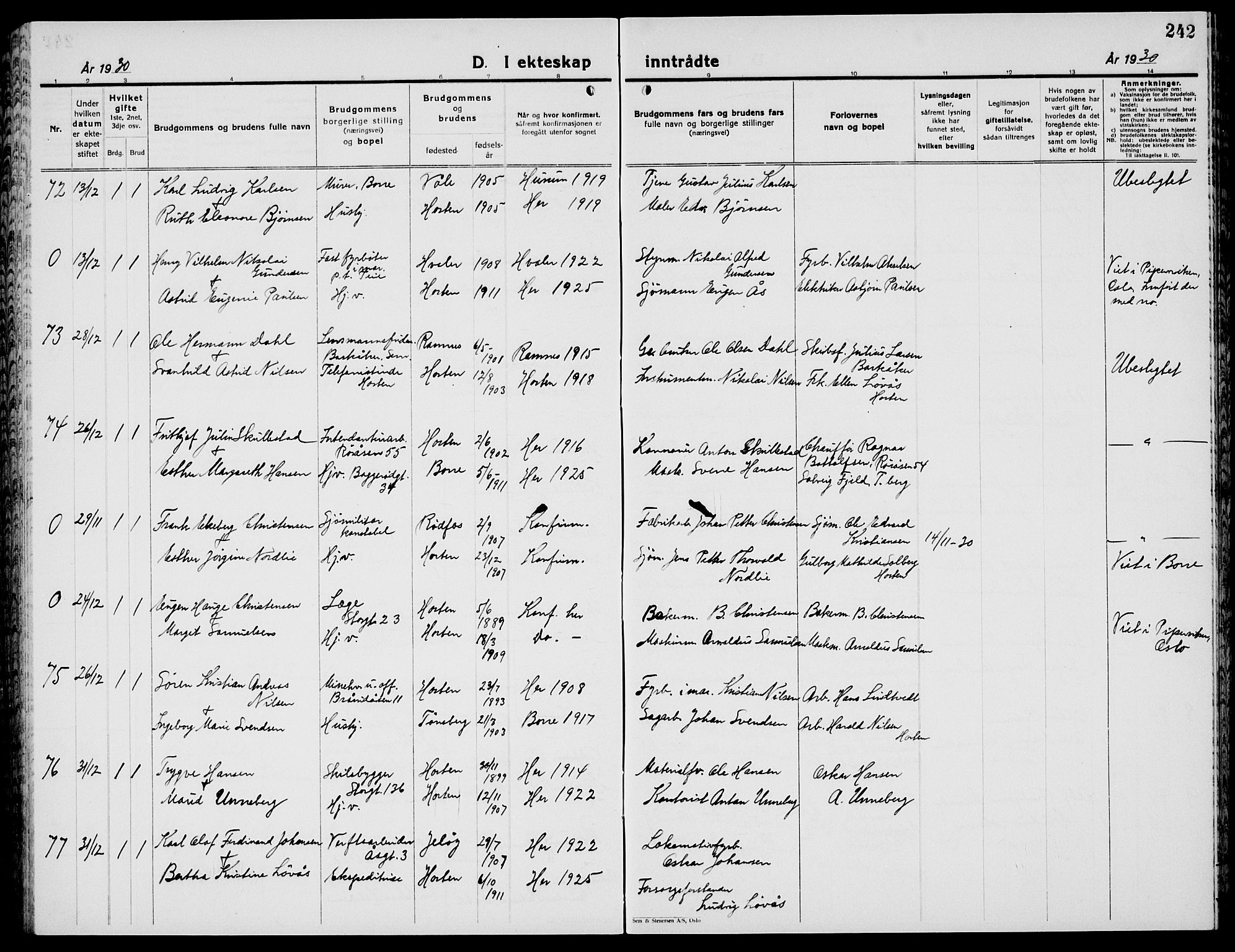 Horten kirkebøker, AV/SAKO-A-348/G/Ga/L0009: Parish register (copy) no. 9, 1926-1936, p. 242