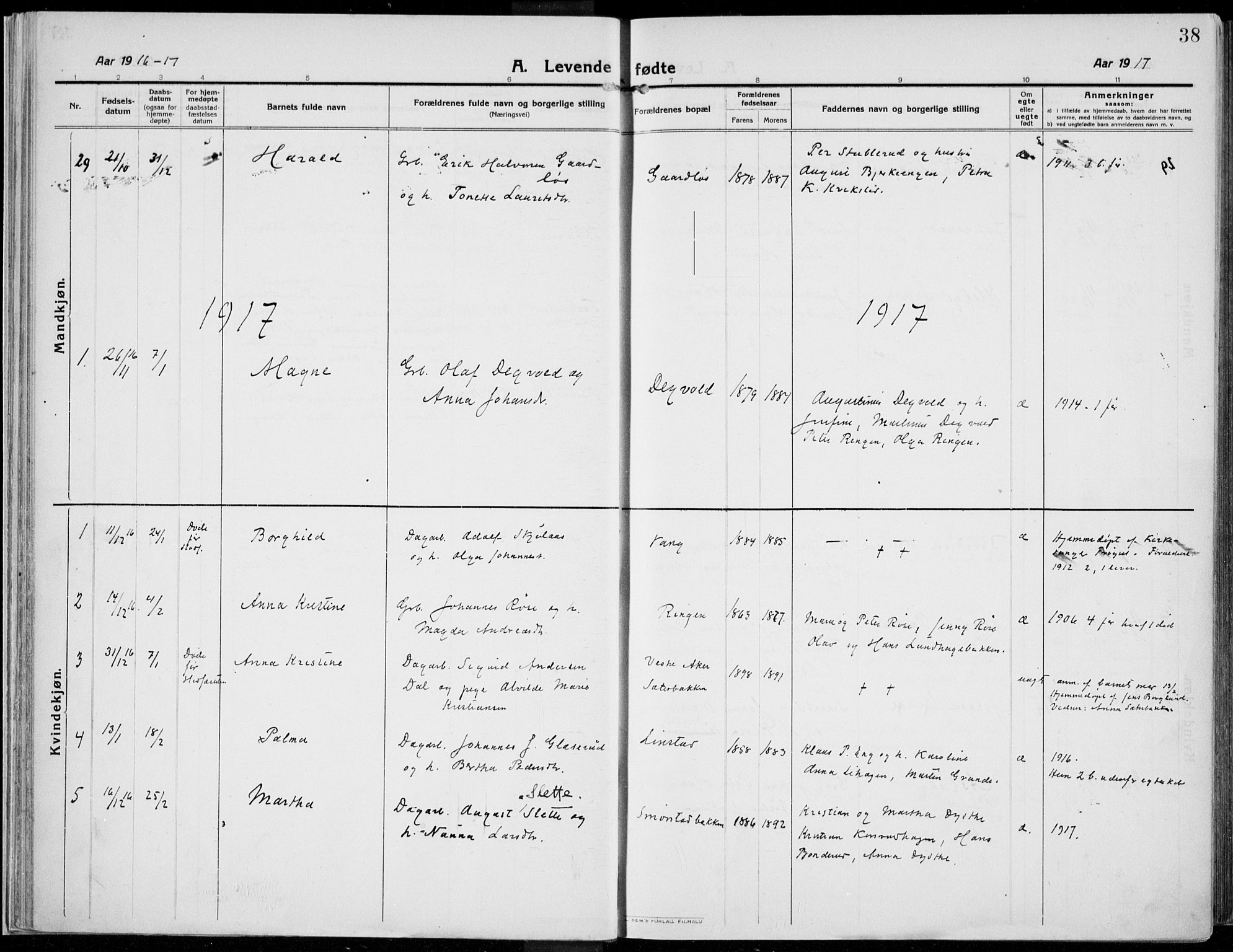 Kolbu prestekontor, SAH/PREST-110/H/Ha/Haa/L0002: Parish register (official) no. 2, 1912-1926, p. 38