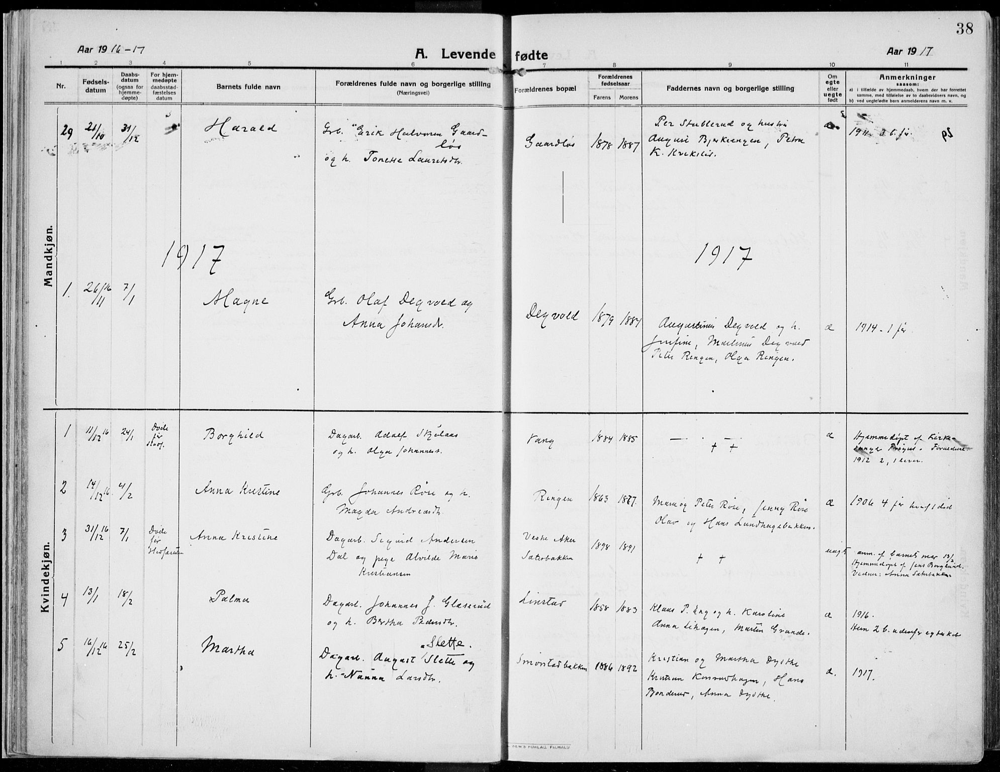 Kolbu prestekontor, AV/SAH-PREST-110/H/Ha/Haa/L0002: Parish register (official) no. 2, 1912-1926, p. 38
