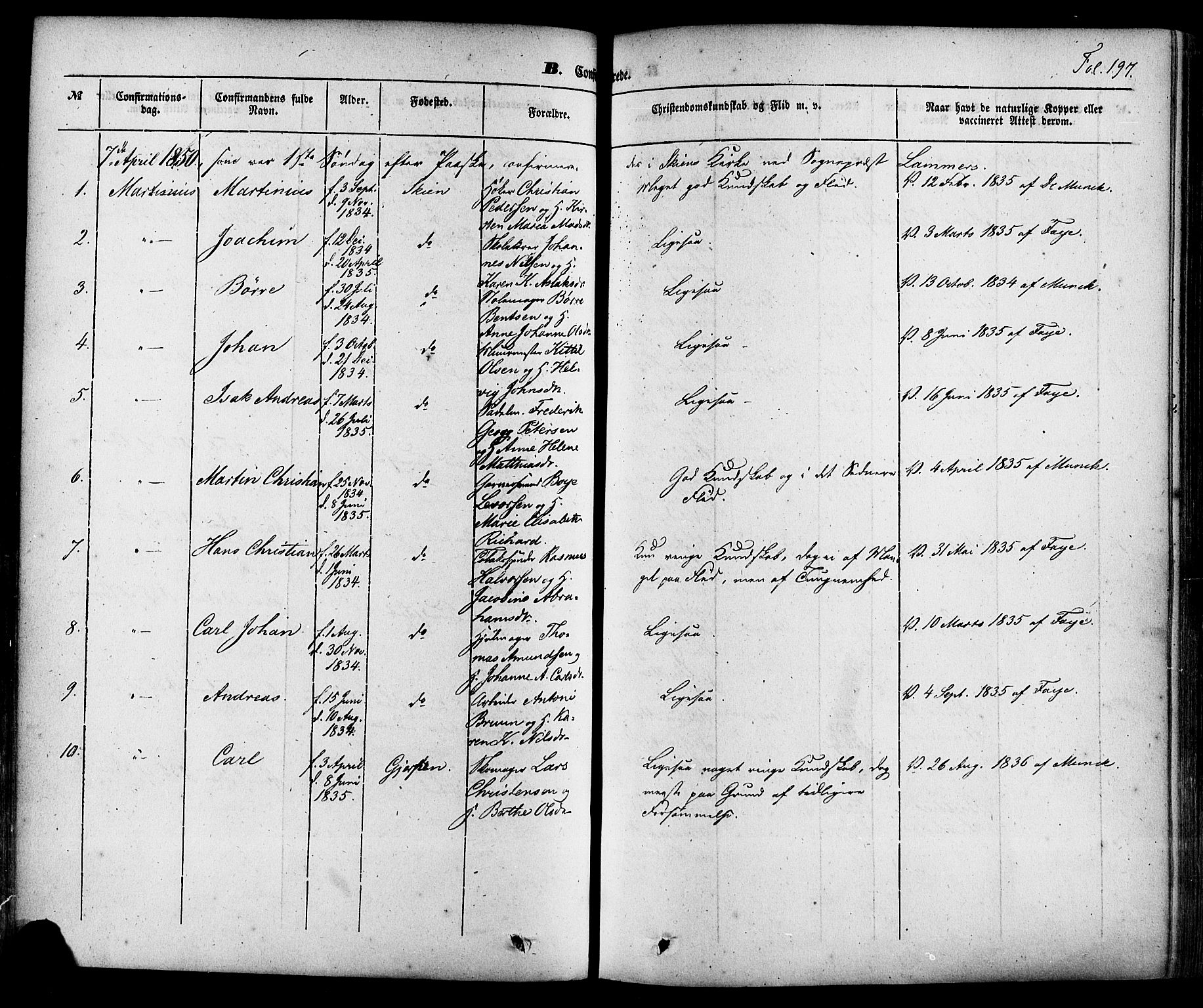 Skien kirkebøker, SAKO/A-302/F/Fa/L0006a: Parish register (official) no. 6A, 1843-1856, p. 197