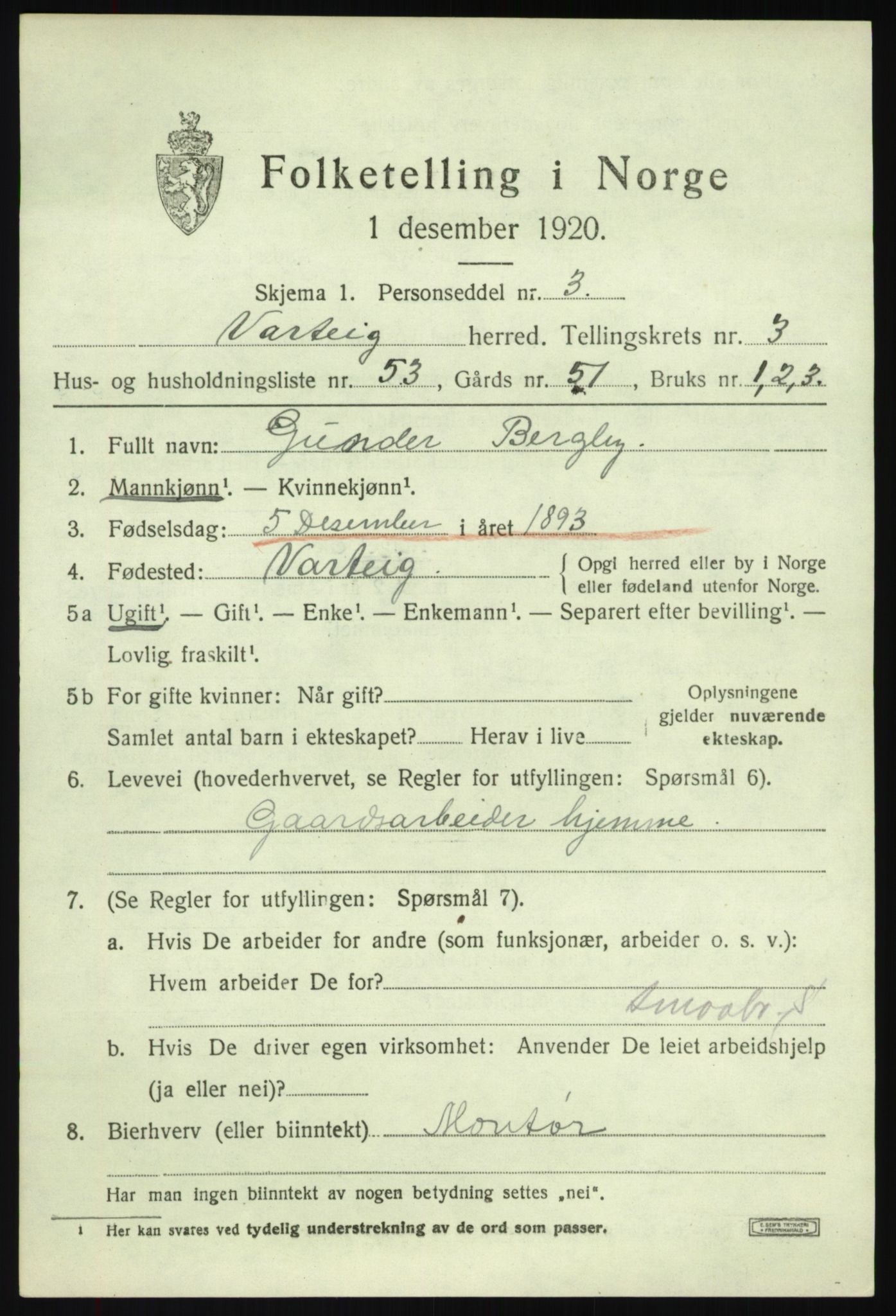 SAO, 1920 census for Varteig, 1920, p. 2557