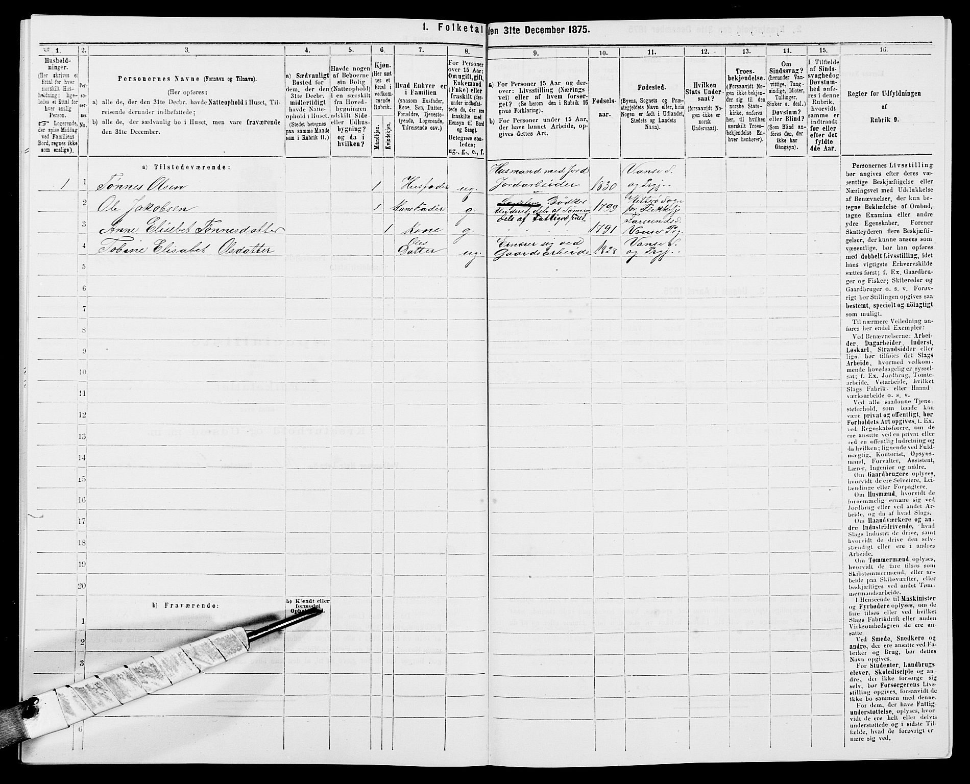 SAK, 1875 census for 1041L Vanse/Vanse og Farsund, 1875, p. 295