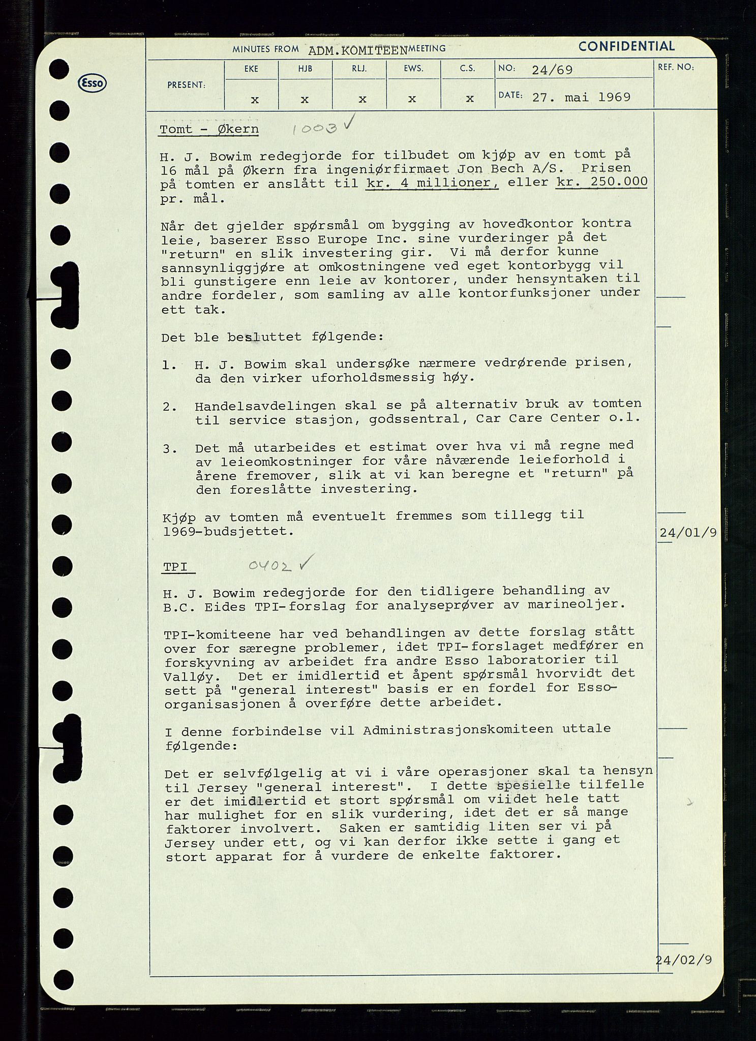 Pa 0982 - Esso Norge A/S, AV/SAST-A-100448/A/Aa/L0003/0001: Den administrerende direksjon Board minutes (styrereferater) og Bedriftforsamlingsprotokoll / Den administrerende direksjon Board minutes (styrereferater), 1969, p. 82