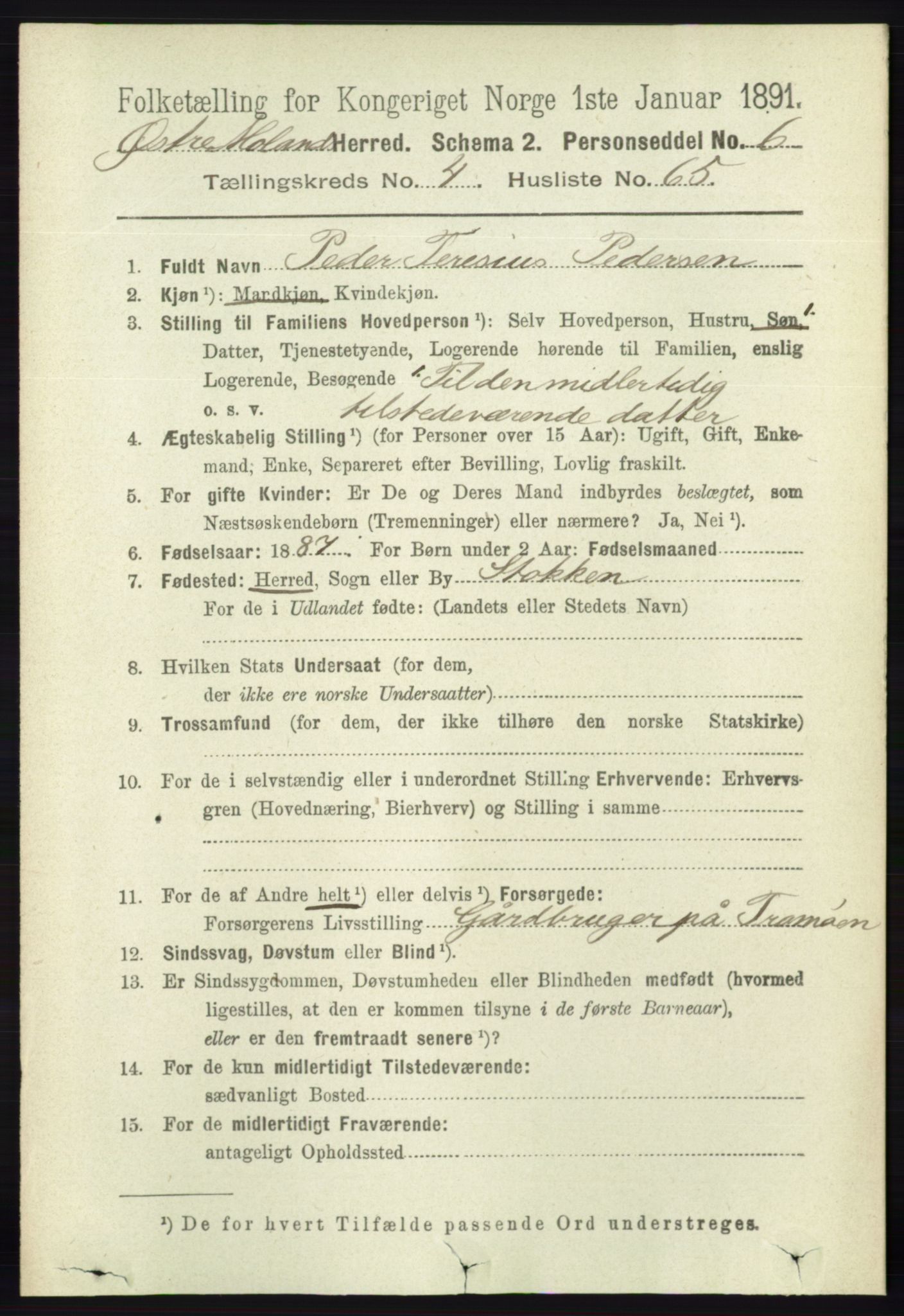 RA, 1891 census for 0918 Austre Moland, 1891, p. 2403