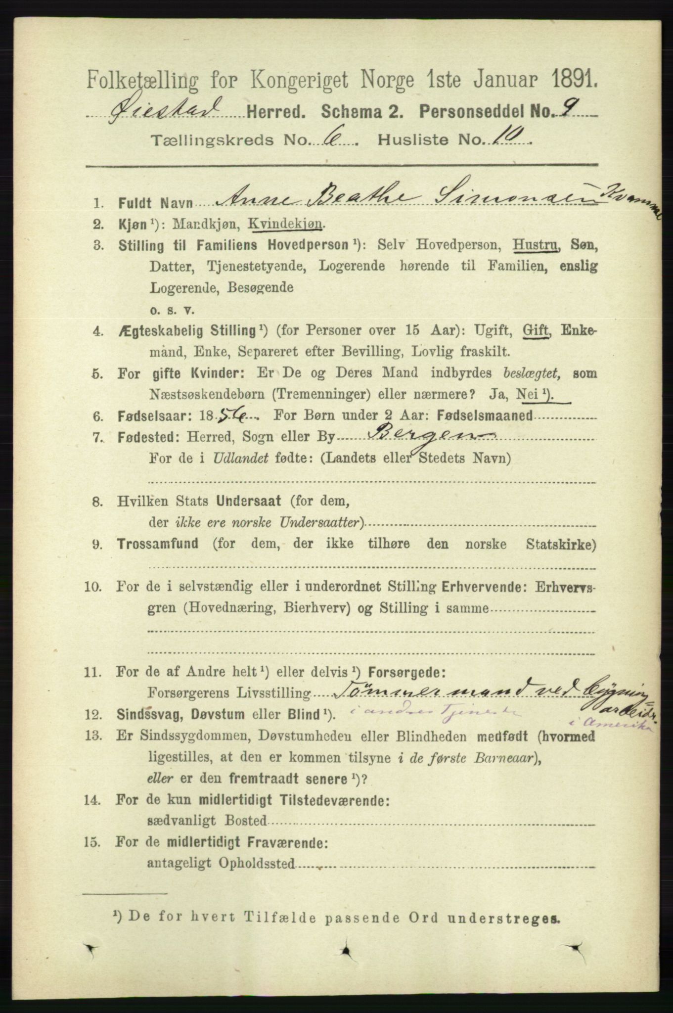 RA, 1891 census for 0920 Øyestad, 1891, p. 2189