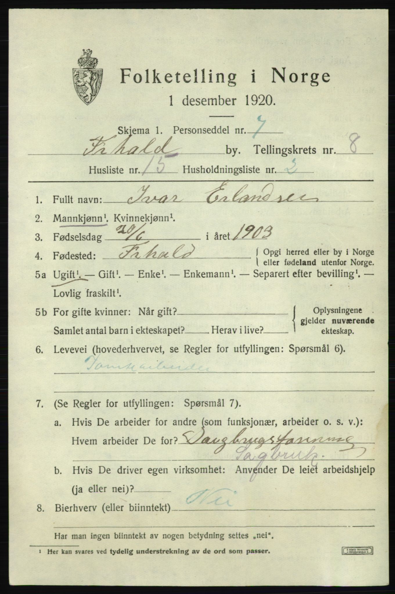 SAO, 1920 census for Fredrikshald, 1920, p. 15041