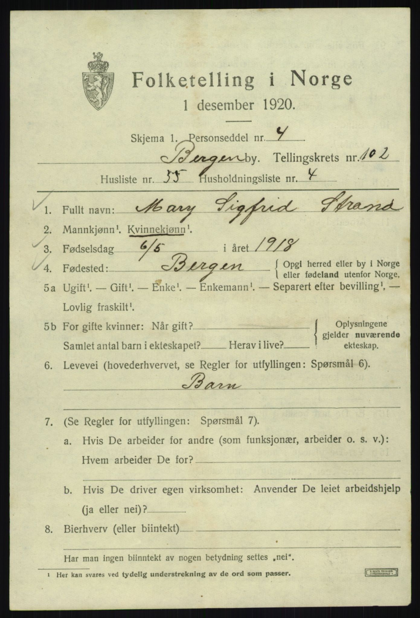 SAB, 1920 census for Bergen, 1920, p. 179239