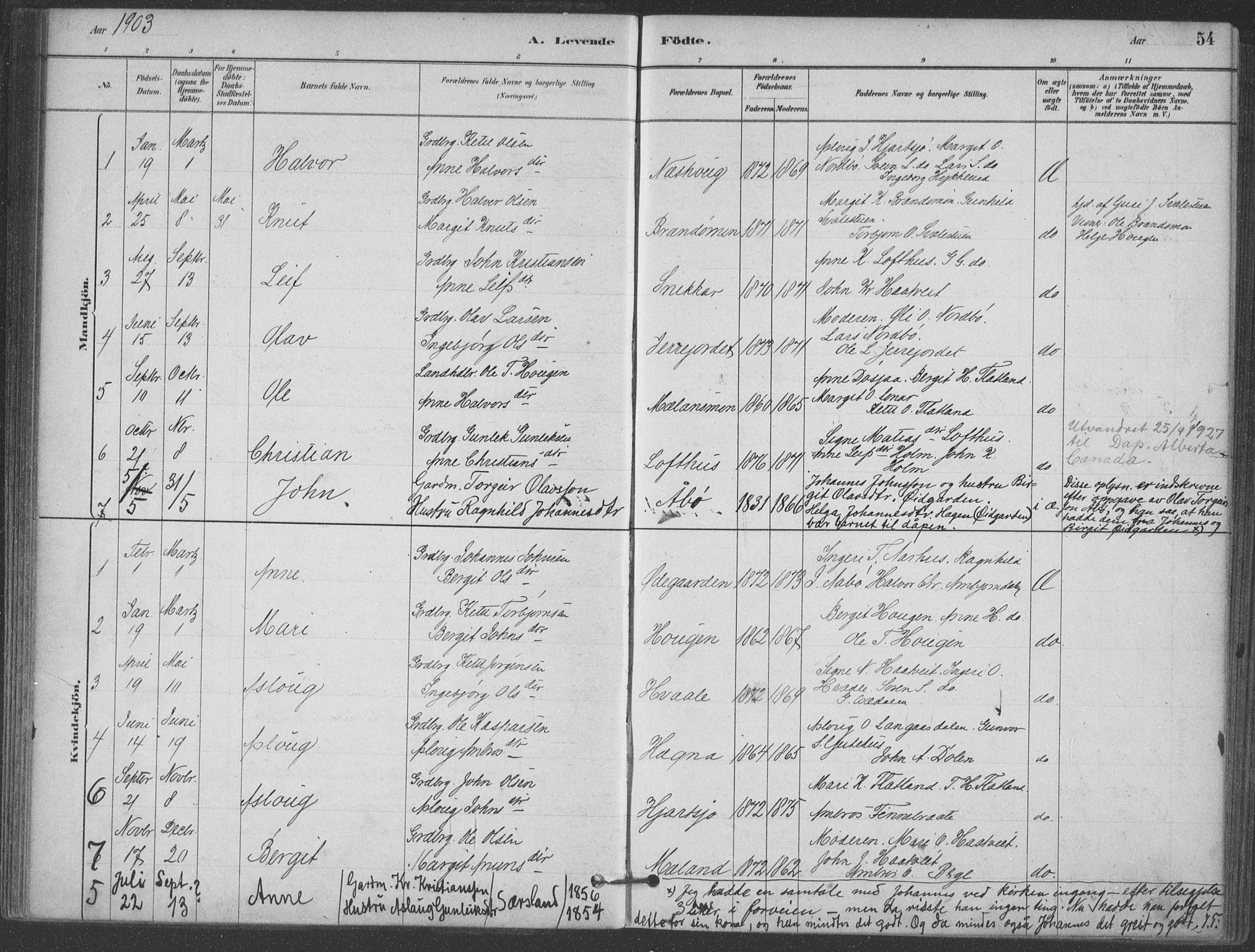 Hjartdal kirkebøker, SAKO/A-270/F/Fa/L0010: Parish register (official) no. I 10, 1880-1929, p. 54