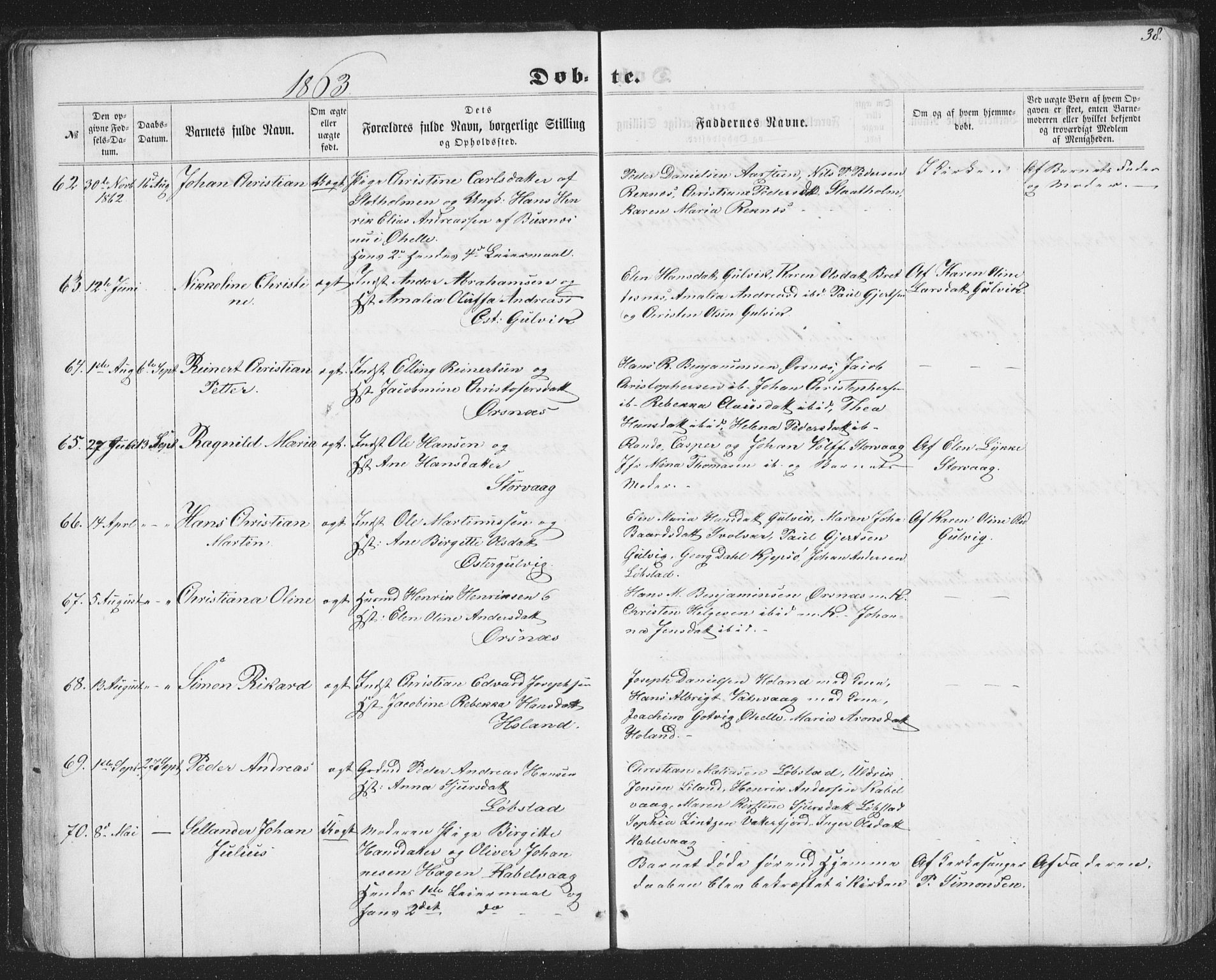 Ministerialprotokoller, klokkerbøker og fødselsregistre - Nordland, AV/SAT-A-1459/874/L1073: Parish register (copy) no. 874C02, 1860-1870, p. 38