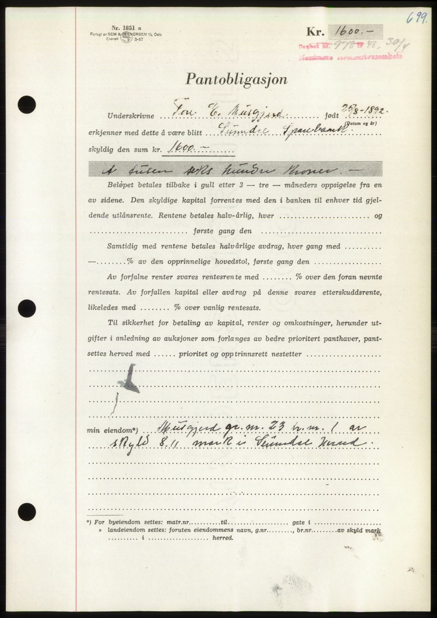 Nordmøre sorenskriveri, AV/SAT-A-4132/1/2/2Ca: Mortgage book no. B98, 1948-1948, Diary no: : 978/1948