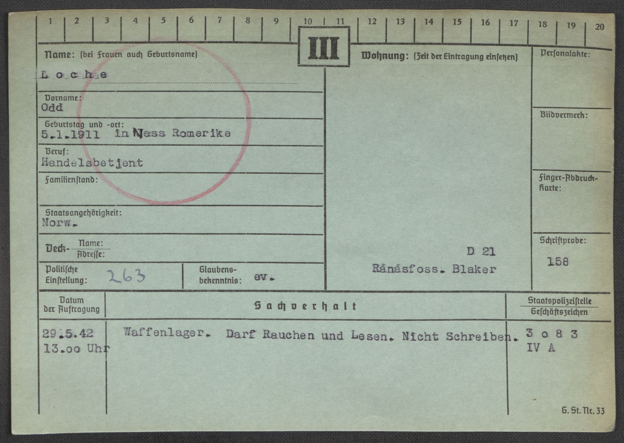 Befehlshaber der Sicherheitspolizei und des SD, RA/RAFA-5969/E/Ea/Eaa/L0006: Register over norske fanger i Møllergata 19: Kj-Lund, 1940-1945, p. 1203
