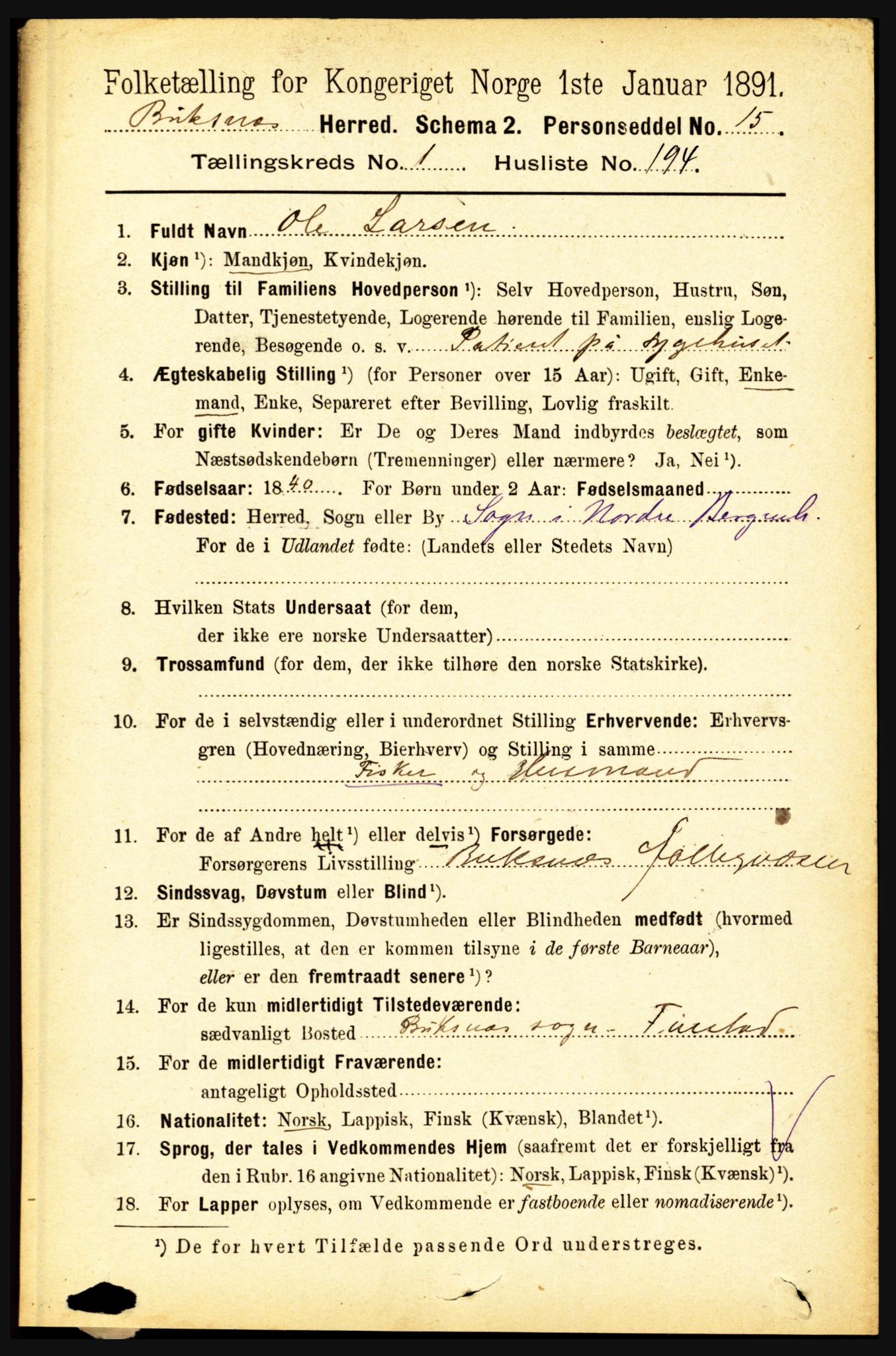 RA, 1891 census for 1860 Buksnes, 1891, p. 1498