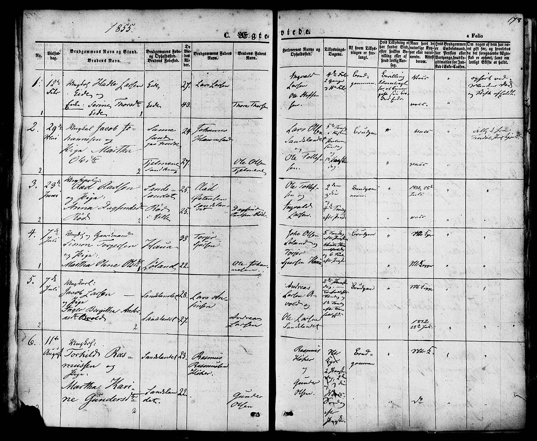 Sand sokneprestkontor, AV/SAST-A-101848/01/III/L0003: Parish register (official) no. A 3, 1854-1879, p. 178