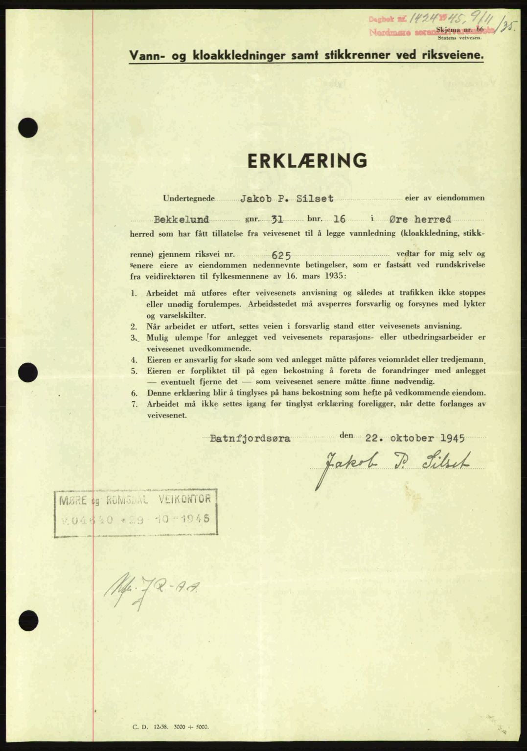 Nordmøre sorenskriveri, AV/SAT-A-4132/1/2/2Ca: Mortgage book no. B93a, 1945-1945, Diary no: : 1424/1945