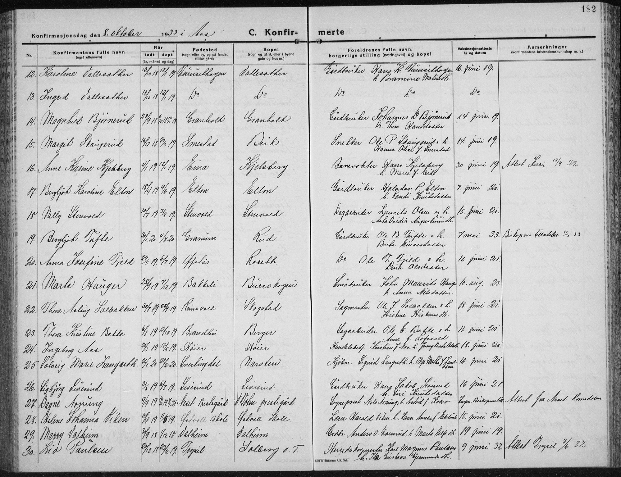 Vestre Toten prestekontor, SAH/PREST-108/H/Ha/Hab/L0018: Parish register (copy) no. 18, 1928-1941, p. 182