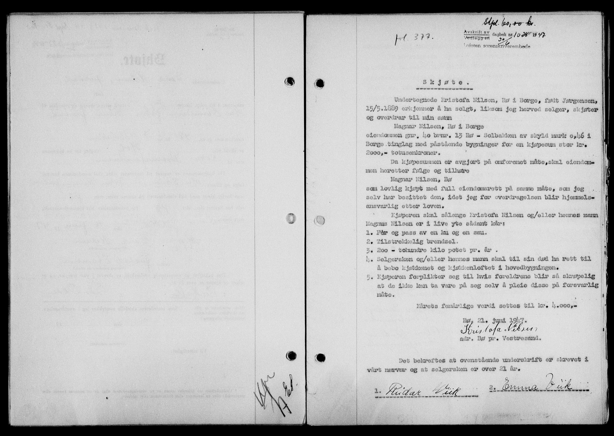 Lofoten sorenskriveri, SAT/A-0017/1/2/2C/L0016a: Mortgage book no. 16a, 1947-1947, Diary no: : 1028/1947