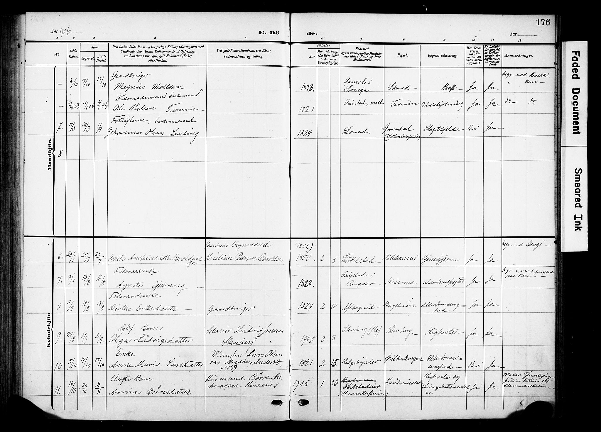 Nes prestekontor, Hedmark, SAH/PREST-020/K/Ka/L0013: Parish register (official) no. 13, 1906-1924, p. 176